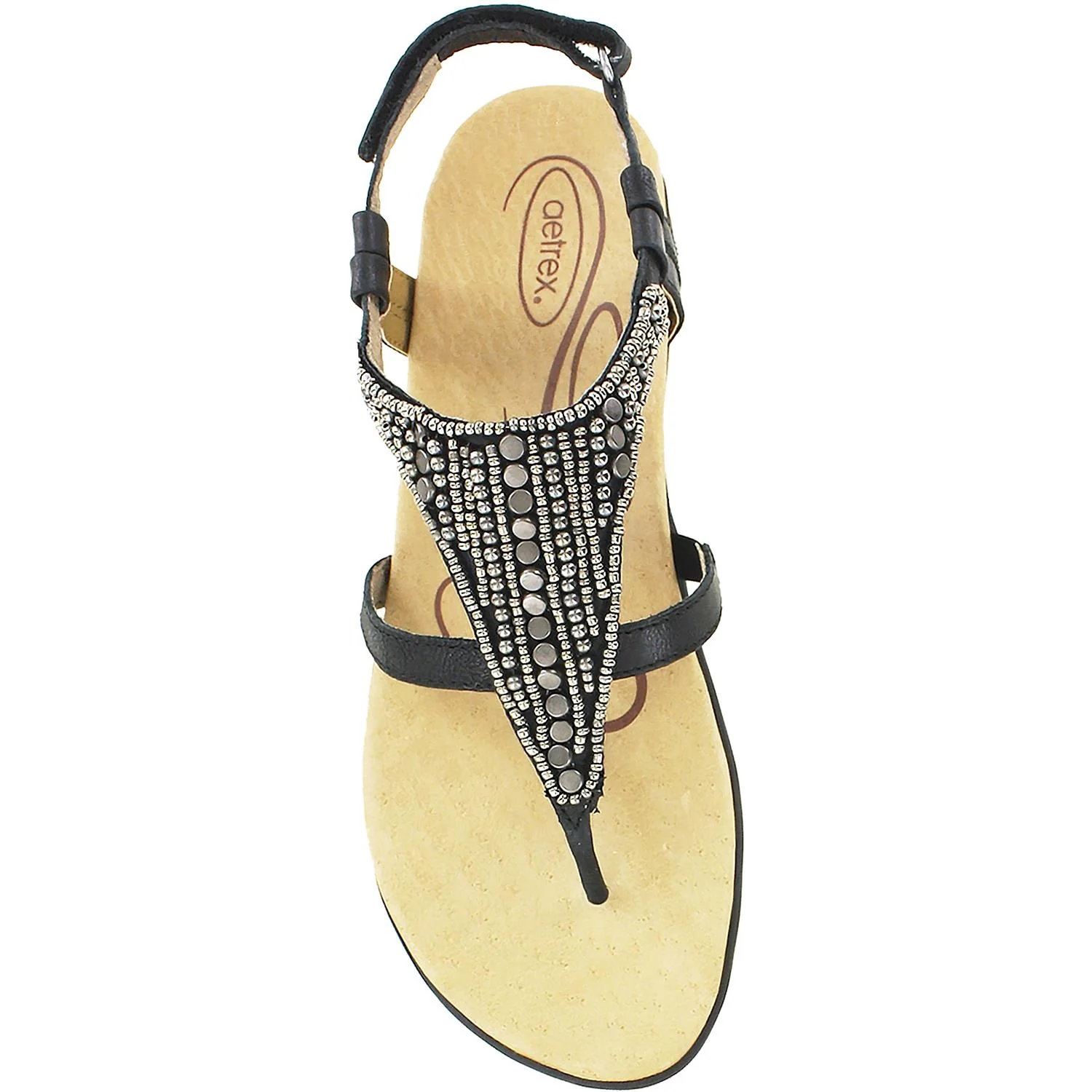 Aetrex Sheila Women's T-Strap Sandals Black/Beige Leather - Image 2