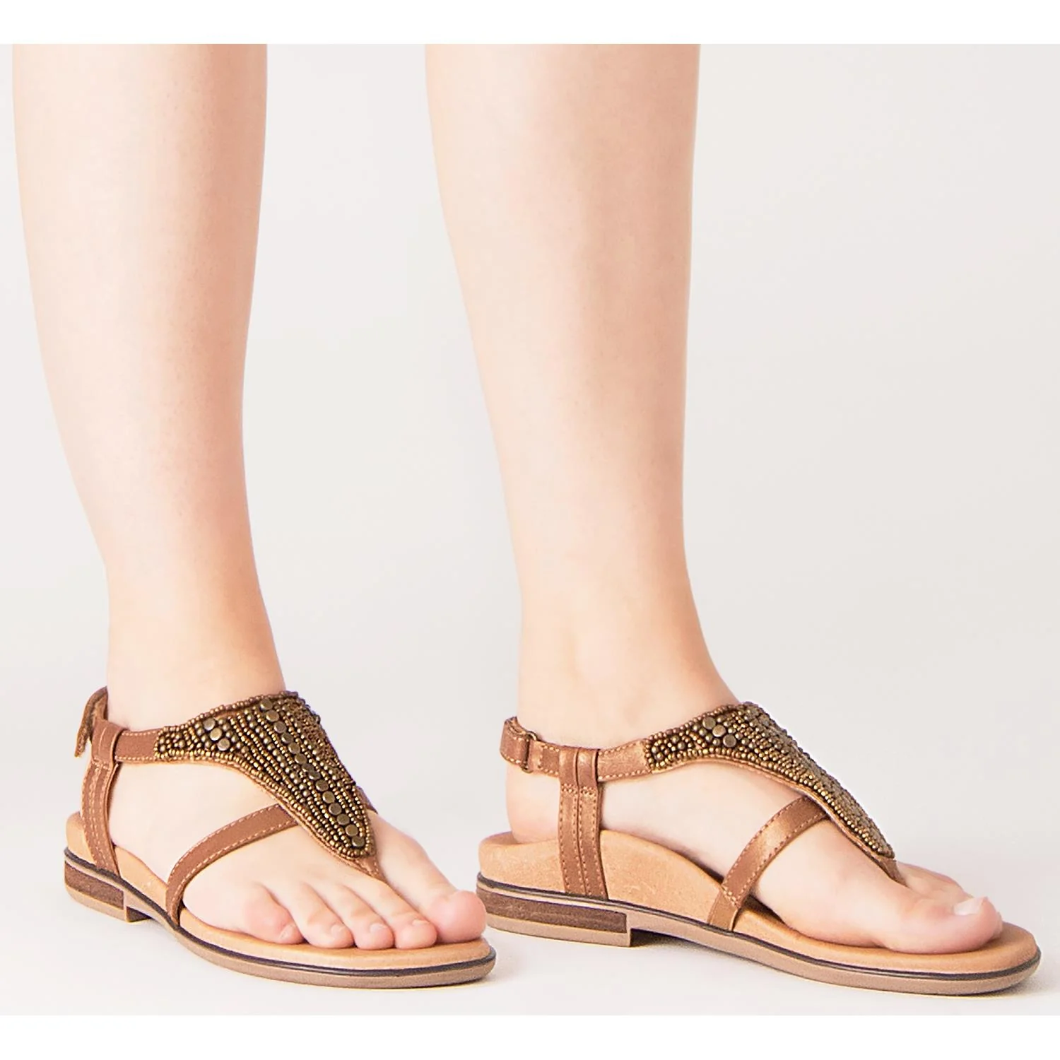 Aetrex Sheila Women's T-Strap Sandals Black/Beige Leather - Image 5