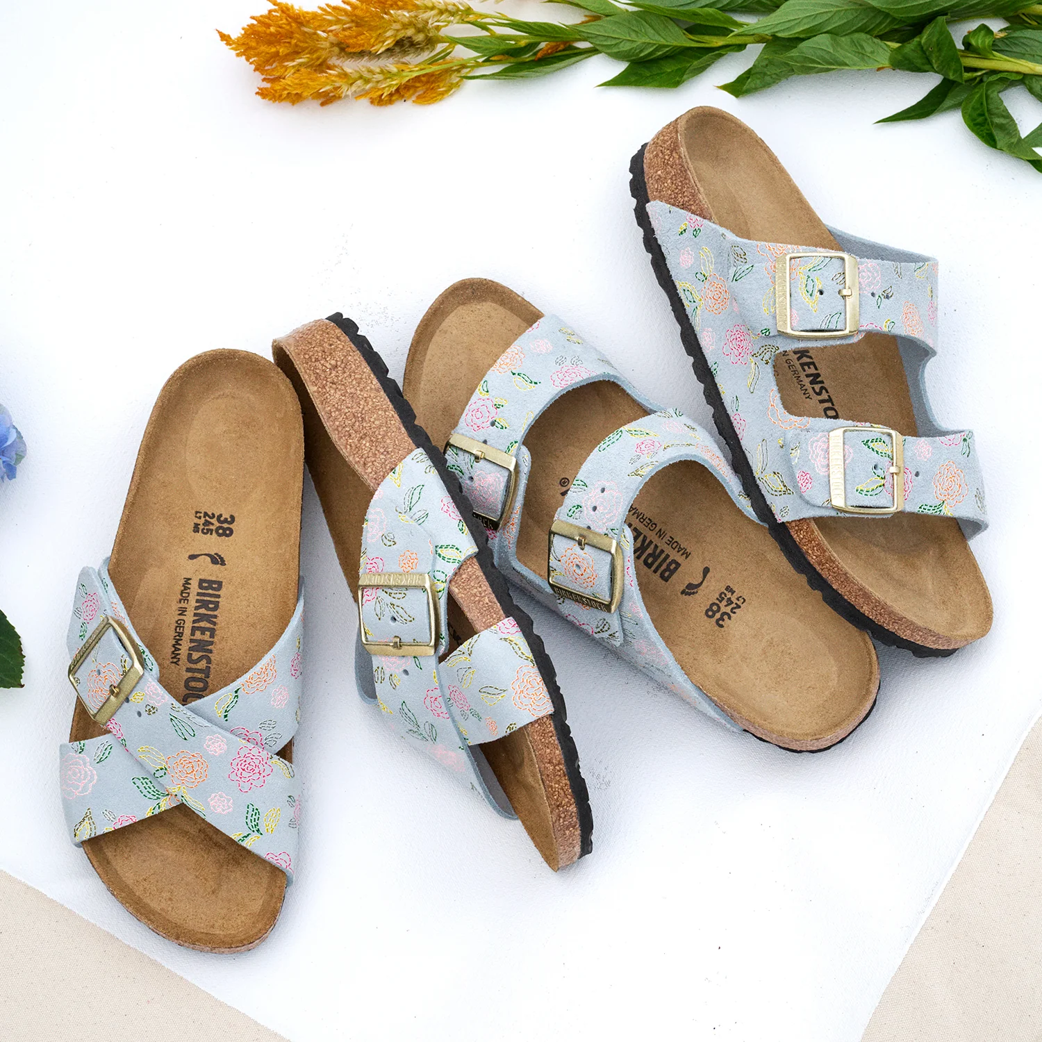 Birkenstock Arizona Flowers Women's Sandals Baby Blue Suede - Image 5