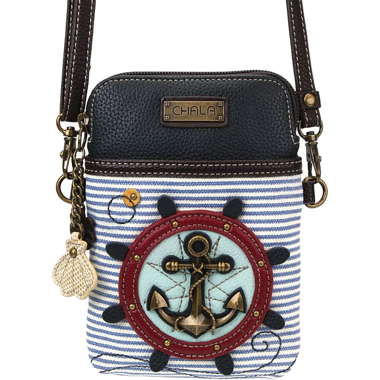 Chala Nautical Wheel Cellphone Crossbody Handbag Blue/White Stripe