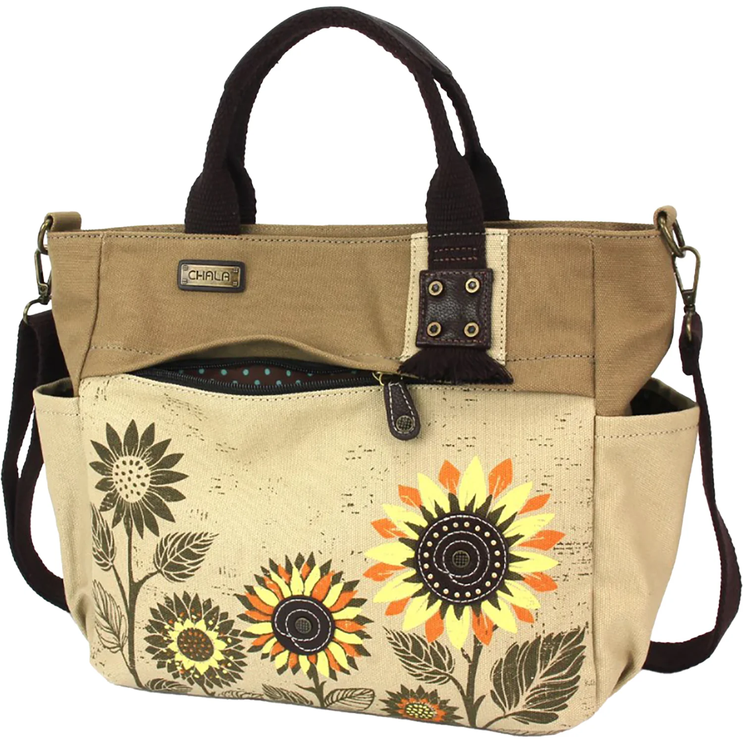Chala Sunflower Canvas Print Pocket Tote Handbag Sand - Image 6