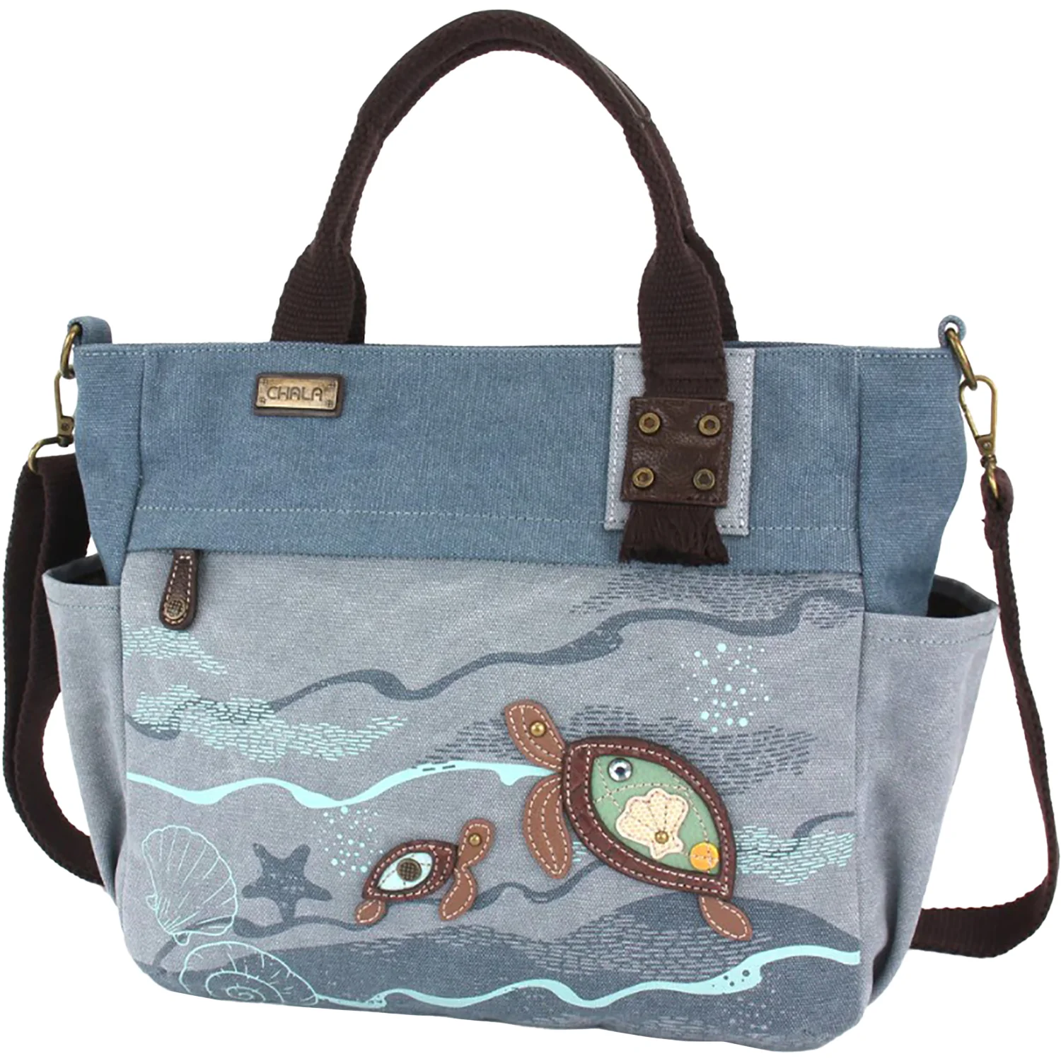 Chala Turtle Canvas Print Pocket Tote Handbag Indigo