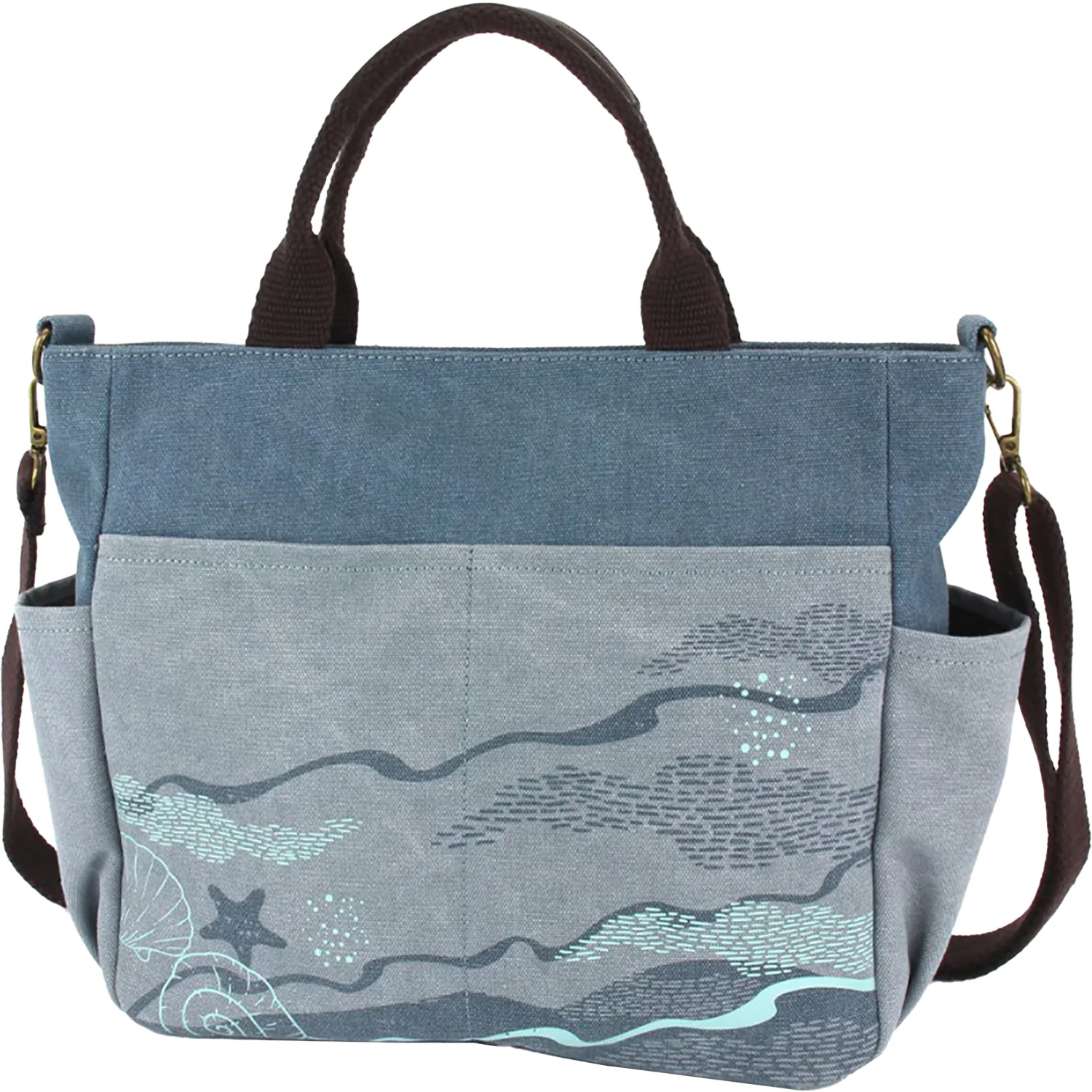 Chala Turtle Canvas Print Pocket Tote Handbag Indigo - Image 4