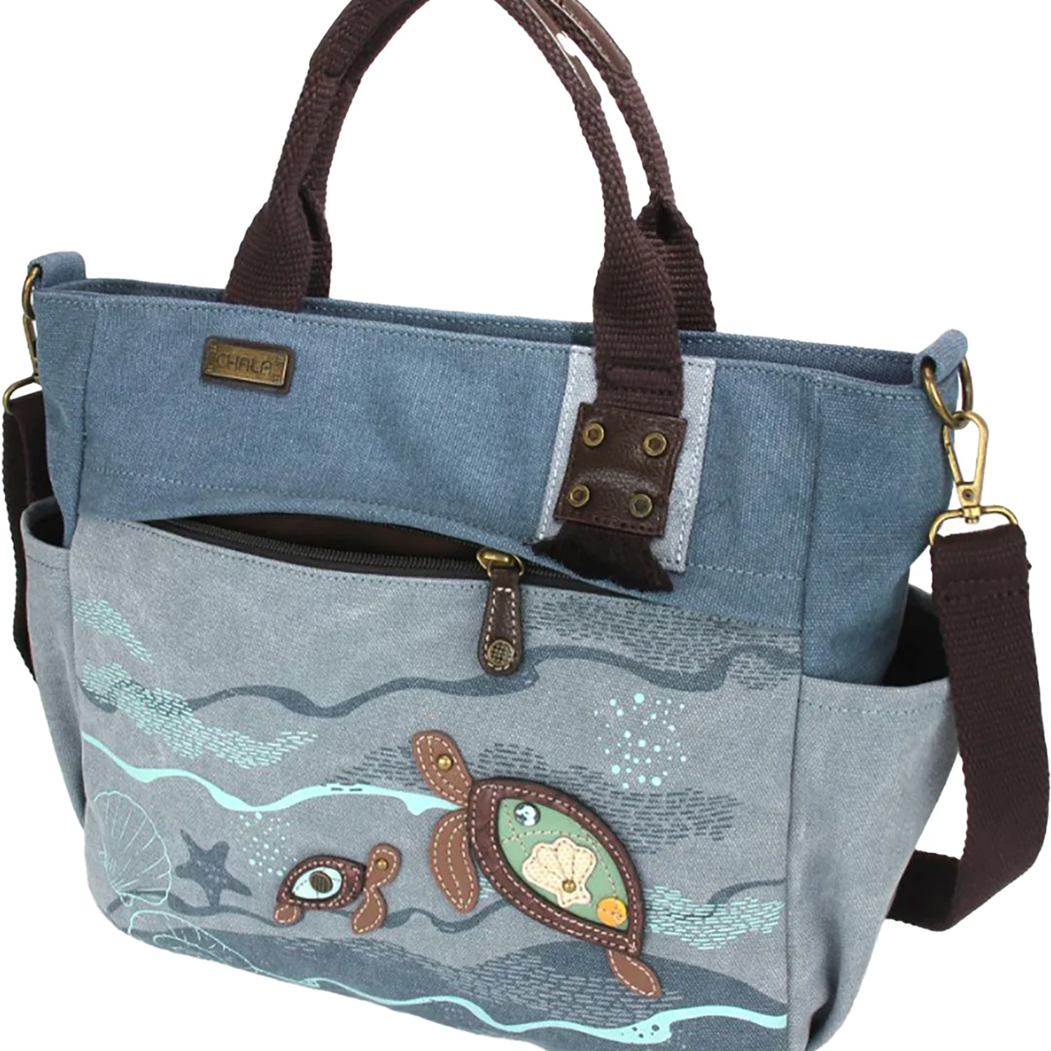 Chala Turtle Canvas Print Pocket Tote Handbag Indigo - Image 6