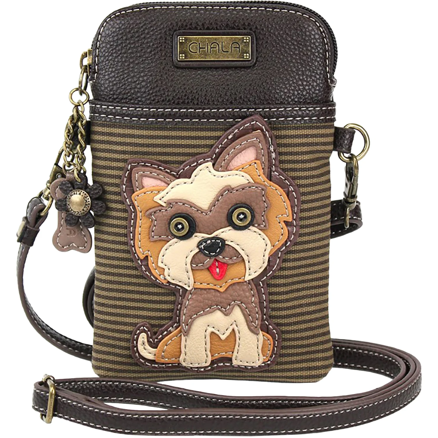 Chala Yorkie Cellphone Crossbody Handbag Brown Stripe