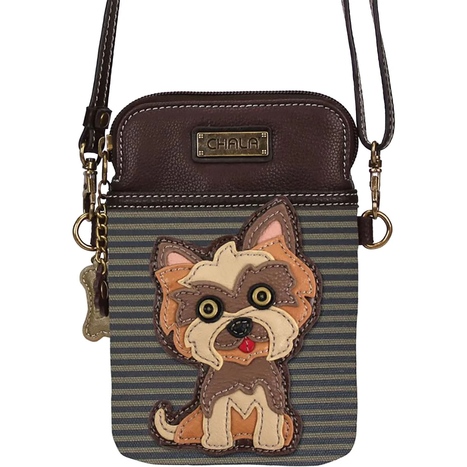 Chala Yorkie Cellphone Crossbody Handbag Brown Stripe - Image 5