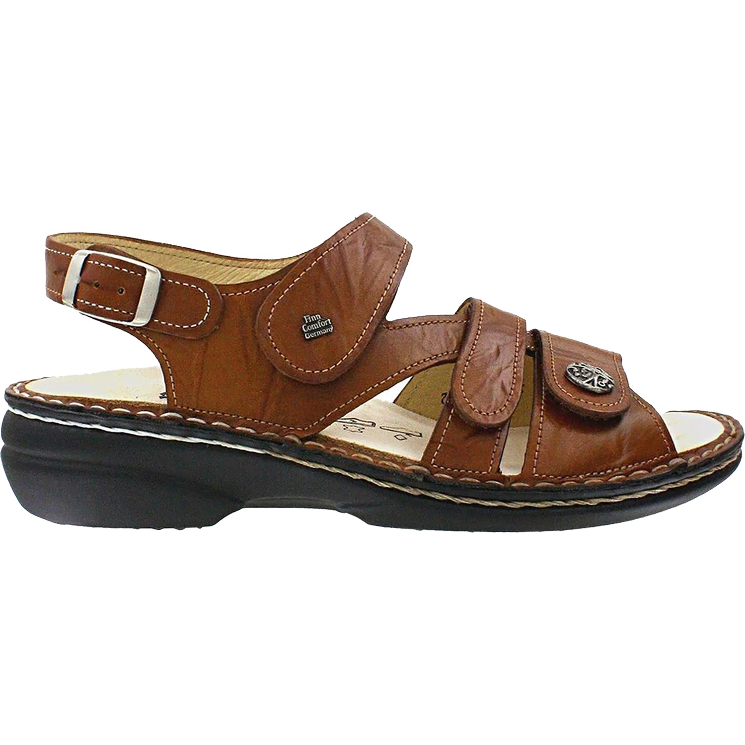 Finn Comfort Gomera Soft Women's Three Strap Sandals Cognac Plisseelight Leather