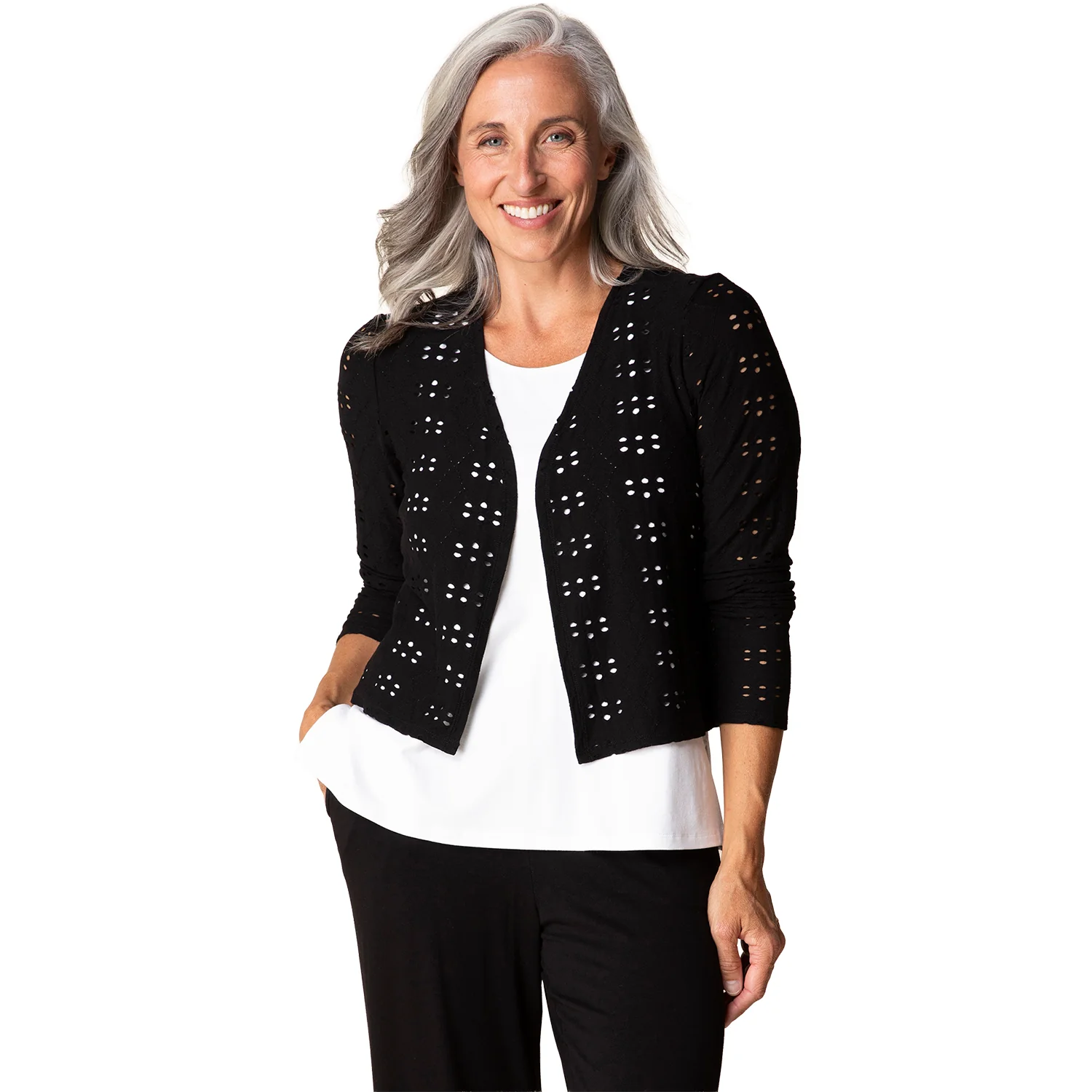Habitat Eyelet Blooms Open Front Jacket Women's Outerwear Black