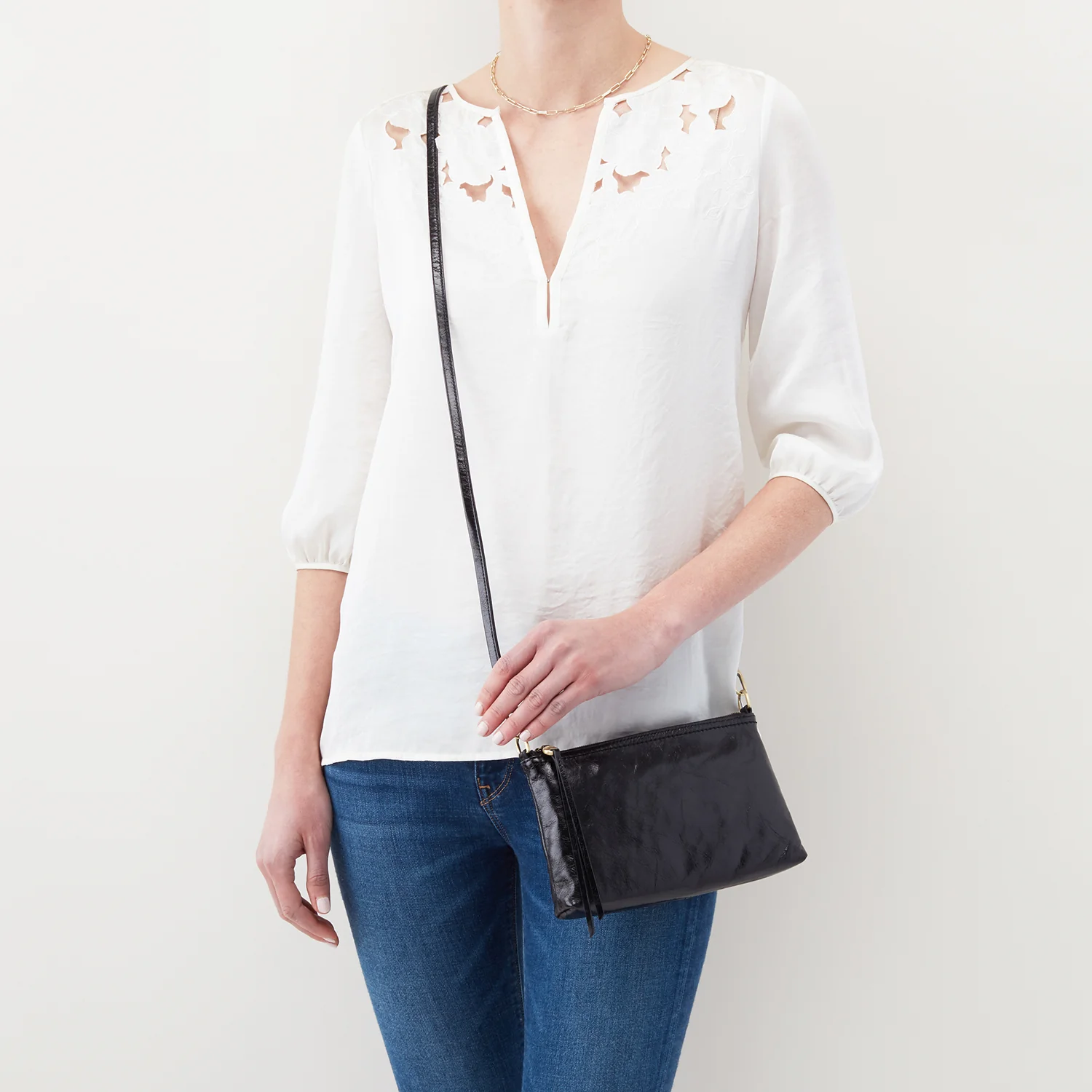 Hobo Darcy Crossbody Handbag Black Polished Leather - Image 2