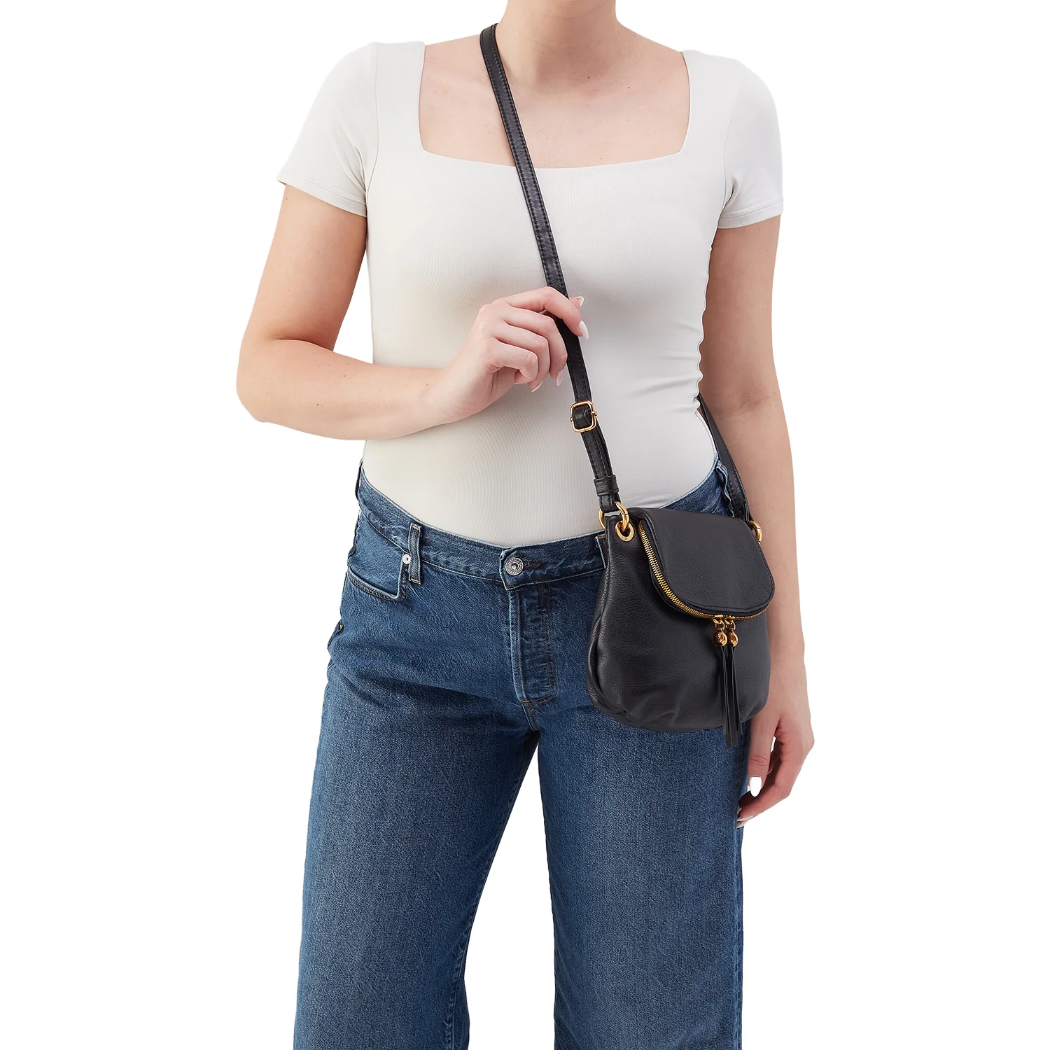 Hobo Fern Zip-Flap Crossbody Handbag Black Pebbled Leather - Image 4