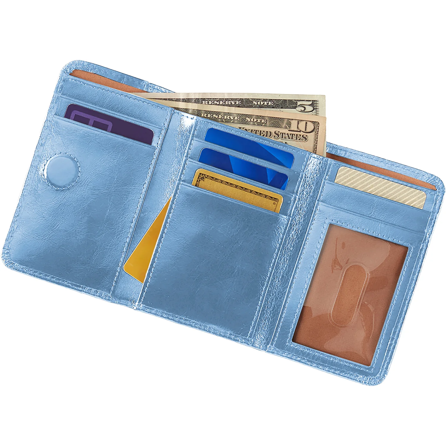 Hobo Jill Trifold Wallet Faded Denim Polished Leather - Image 2