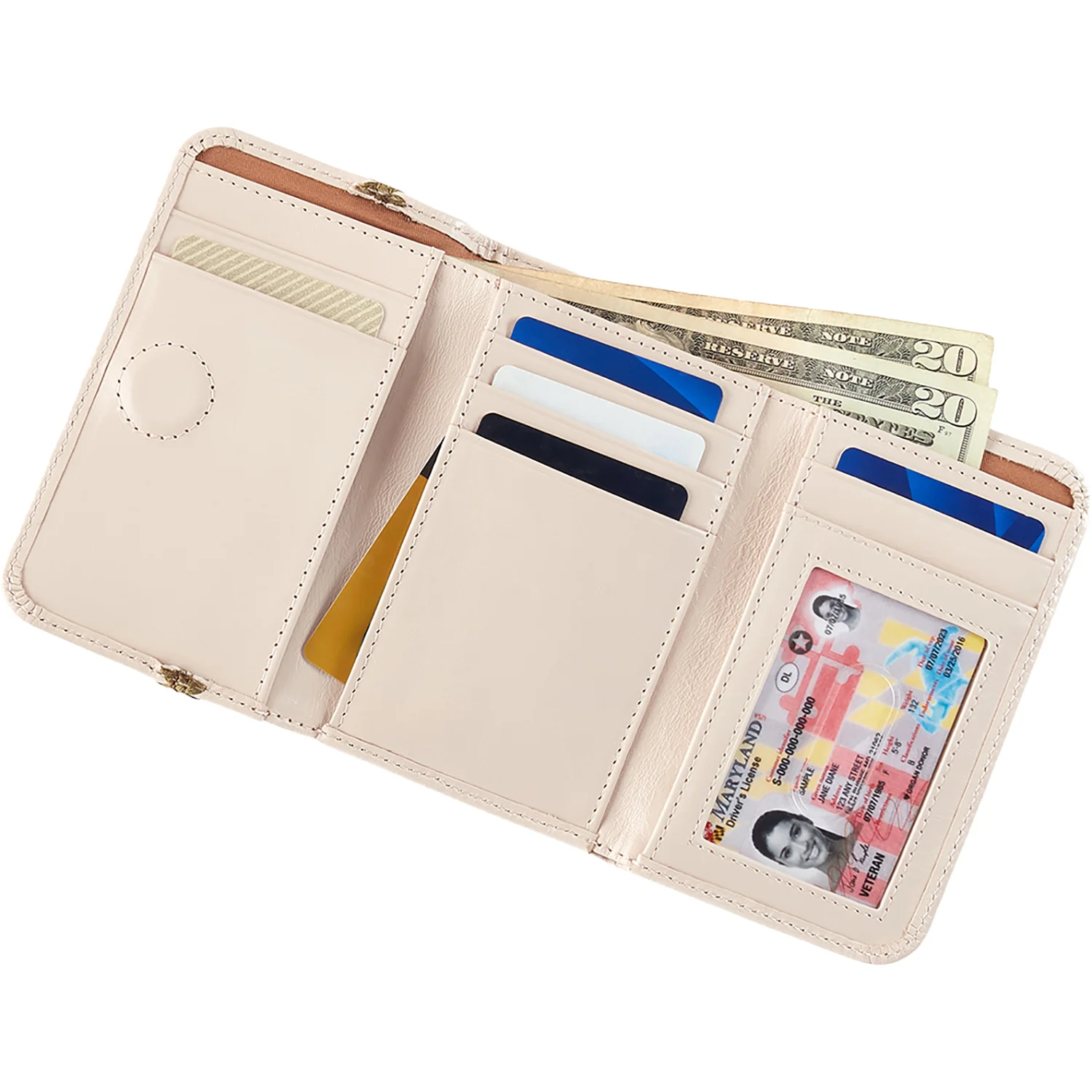 Hobo Jill Trifold Wallet Pale Flax Polished Leather - Image 2