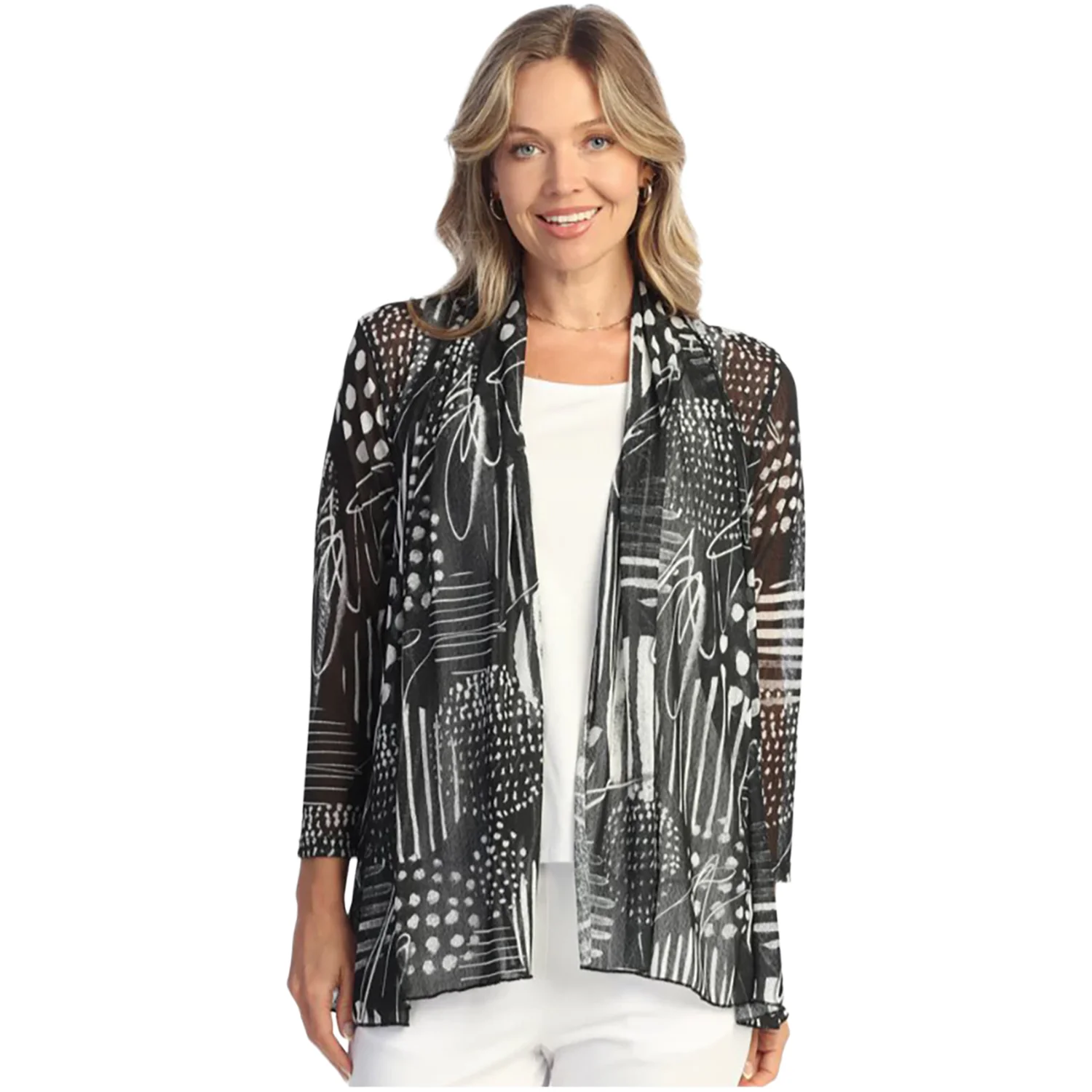 Jess & Jane Crepe Mesh Long-Sleeve Cardigan Women's Outerwear Zippy
