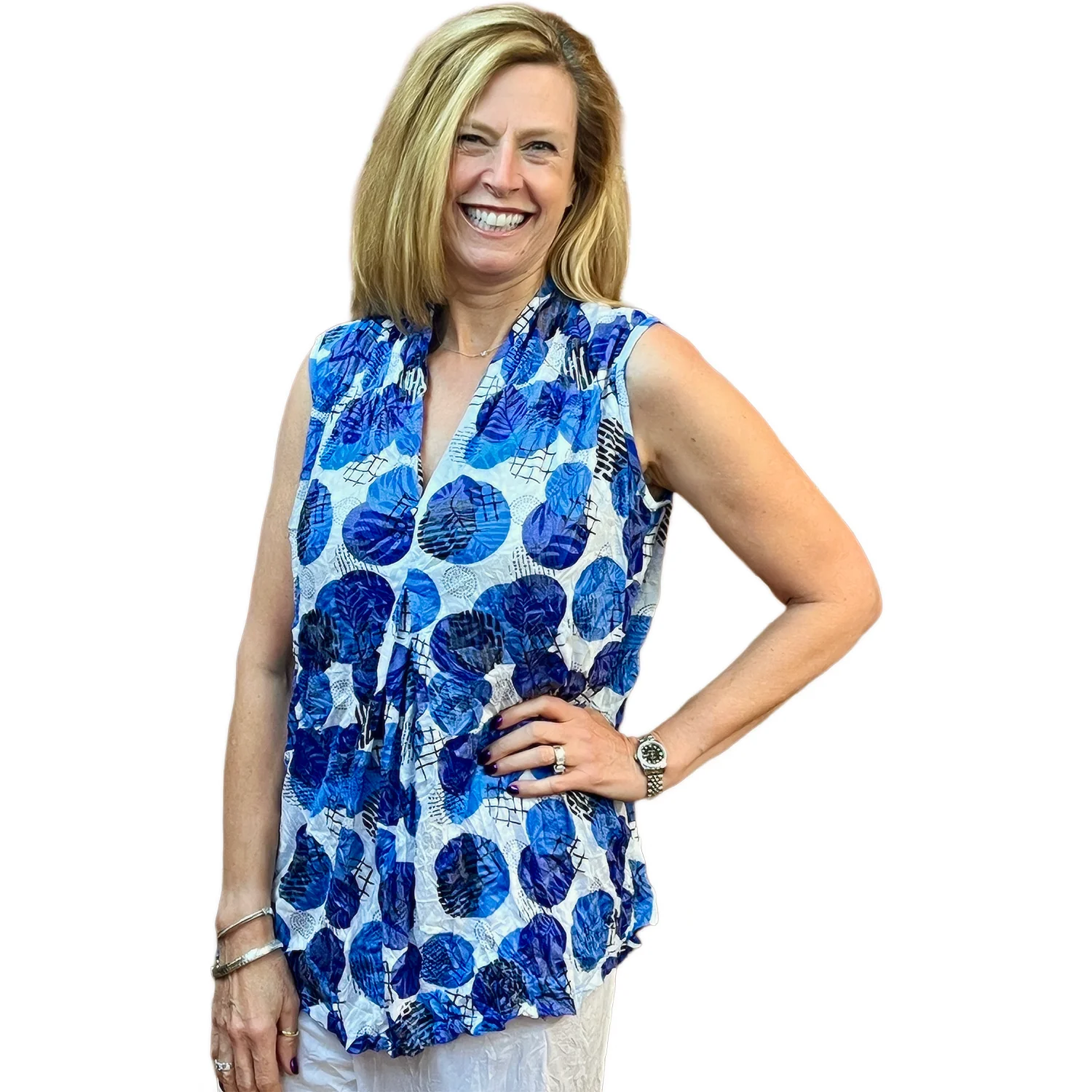 Shana Apparel Crinkle V-Neck Tank Women's Top Blue/White
