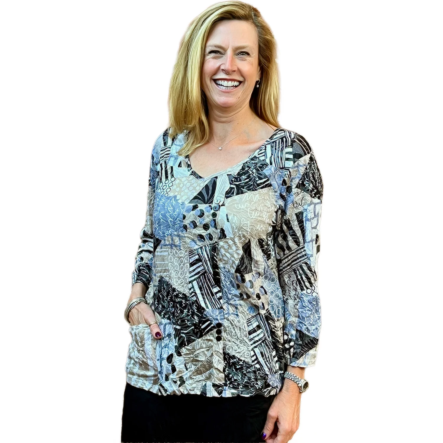 Shana Apparel Long Sleeve Crinkle V-Neck Women's Top Khaki Multi