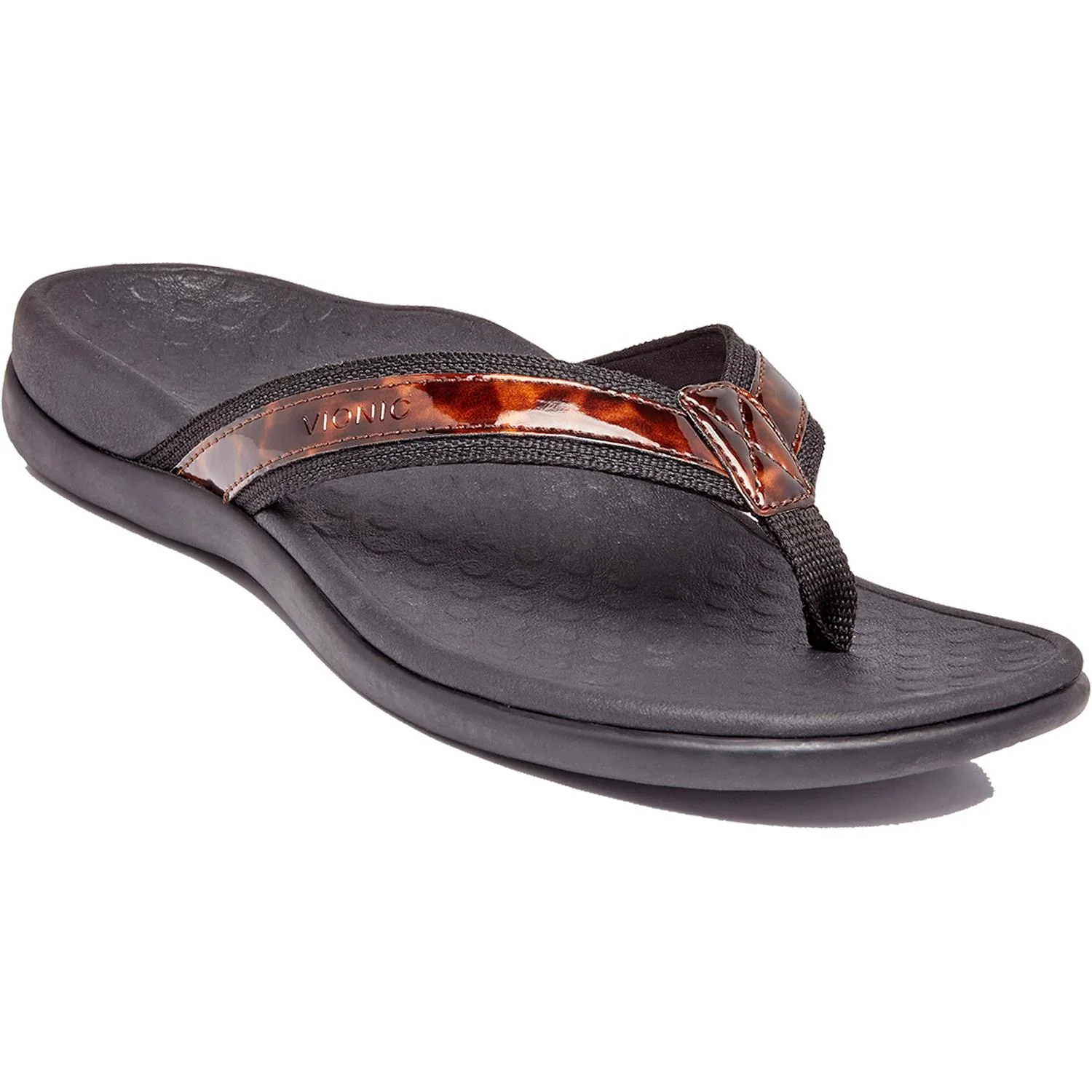 Vionic Tide II Women's Toe Post Sandals Tortoise Black Leather - Image 2