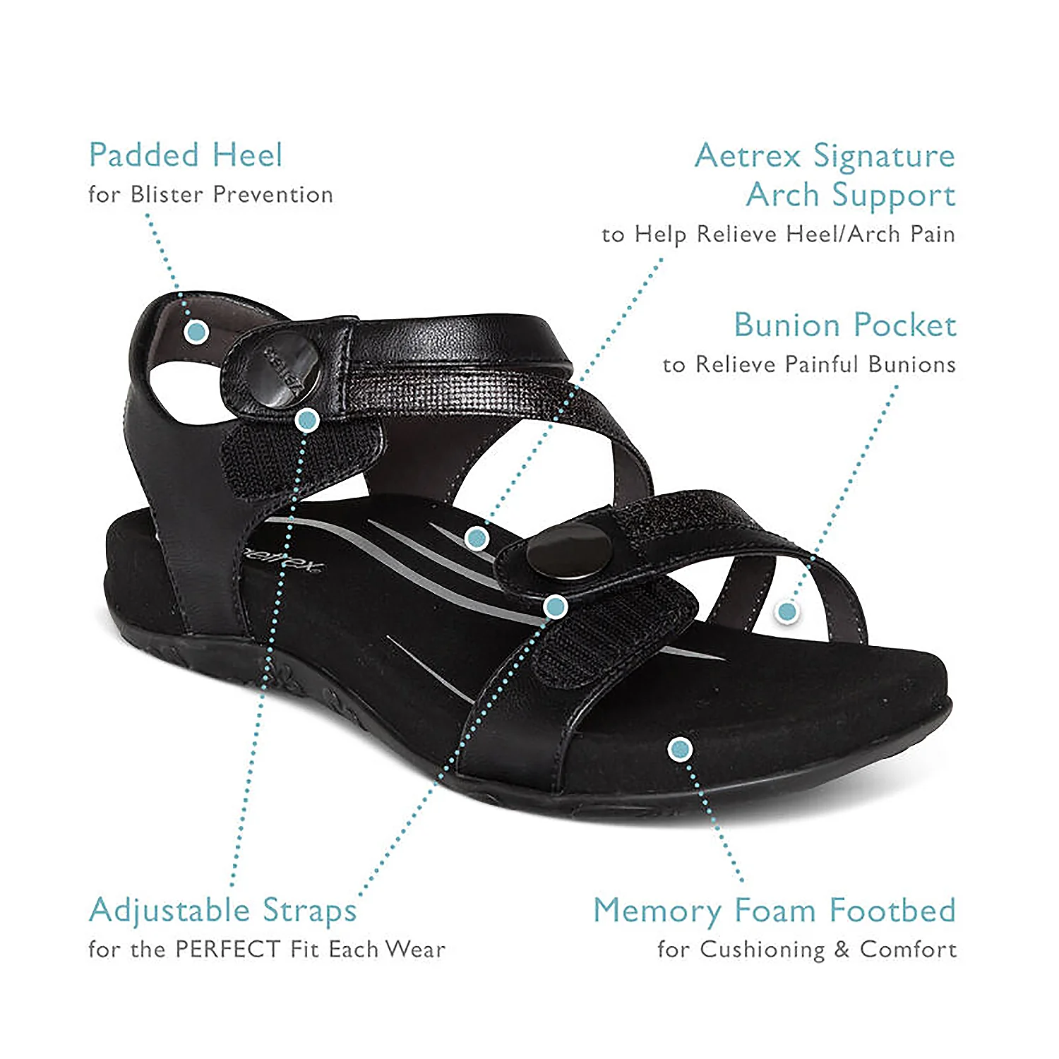Aetrex Jess Women's Quarter Strap Sandals Black Synthetic - Image 5