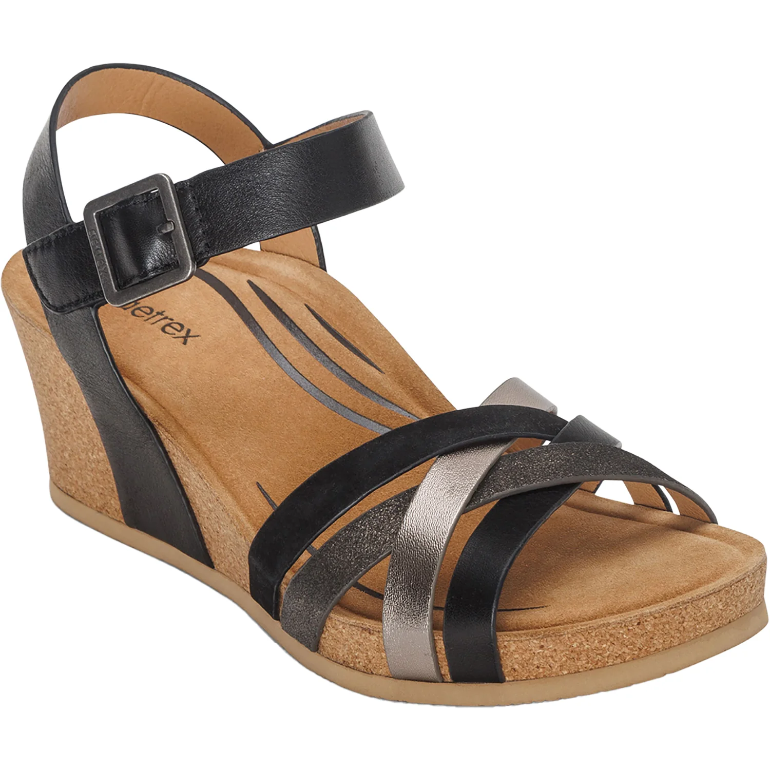 Aetrex Noelle Women's Wedge Sandals Black Multi Leather - Image 5