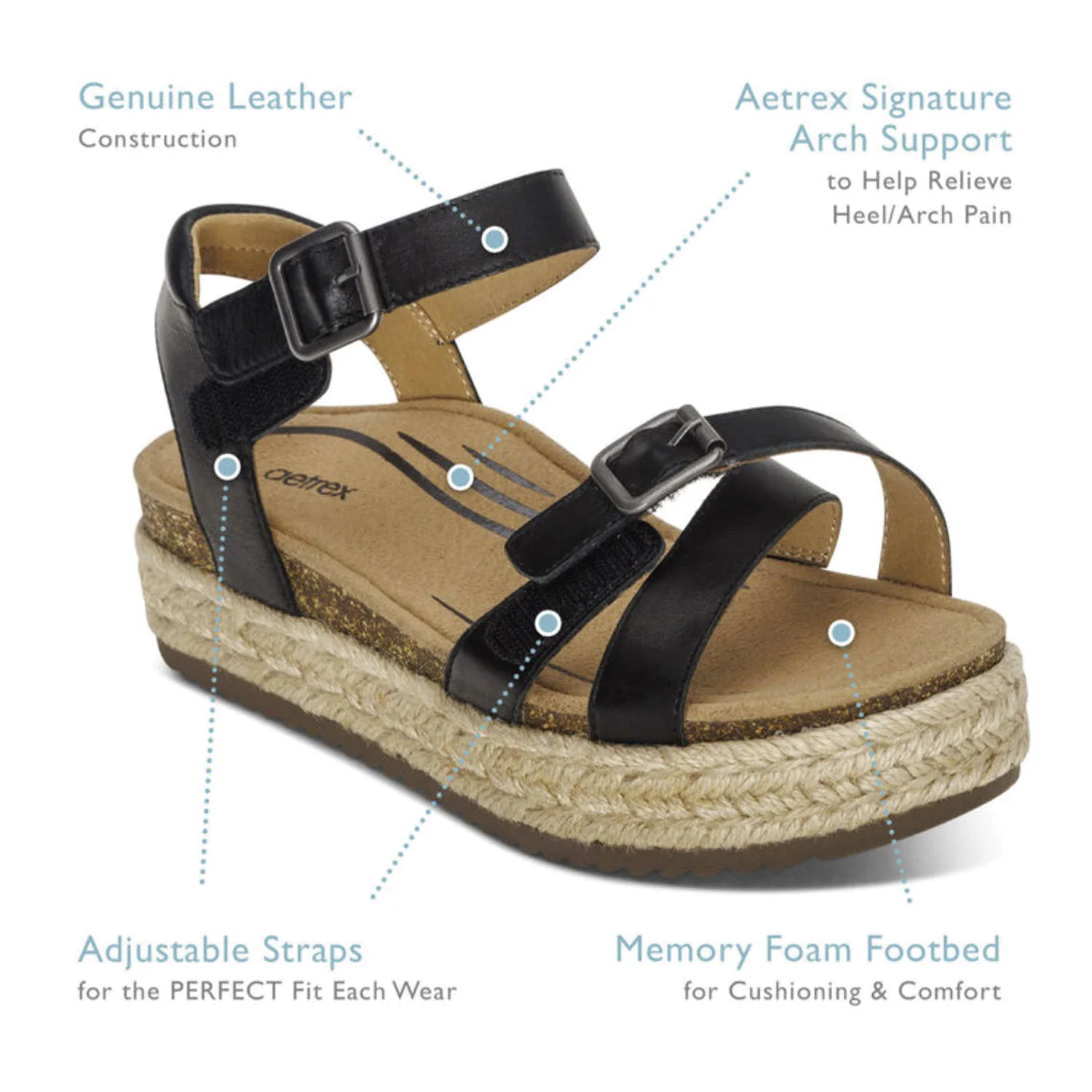 Aetrex Paula Women's Espadrille Sandals Black Leather - Image 5