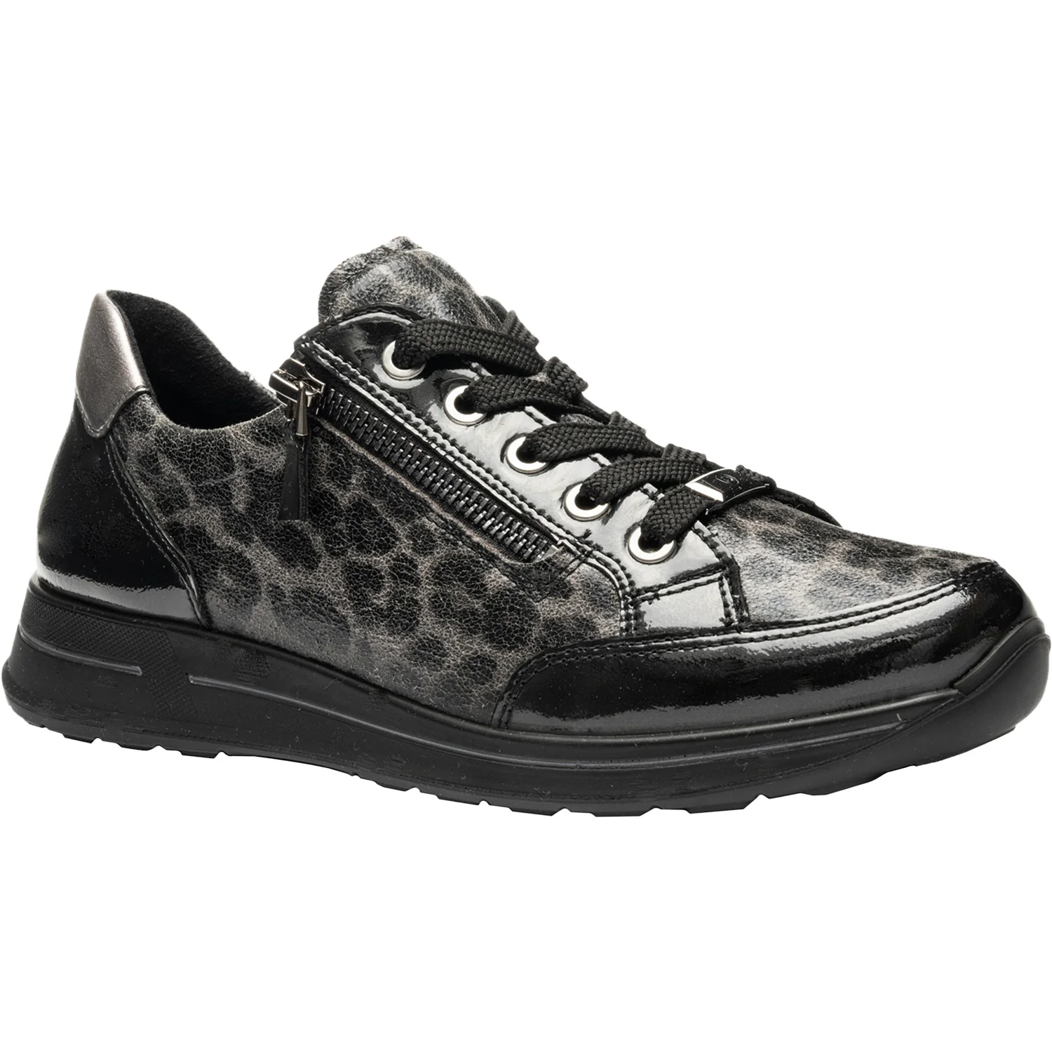 Ara Oleanna Women's Sporty Lace Up Shoes Black/Steel Leopard Shiny Leather - Image 5