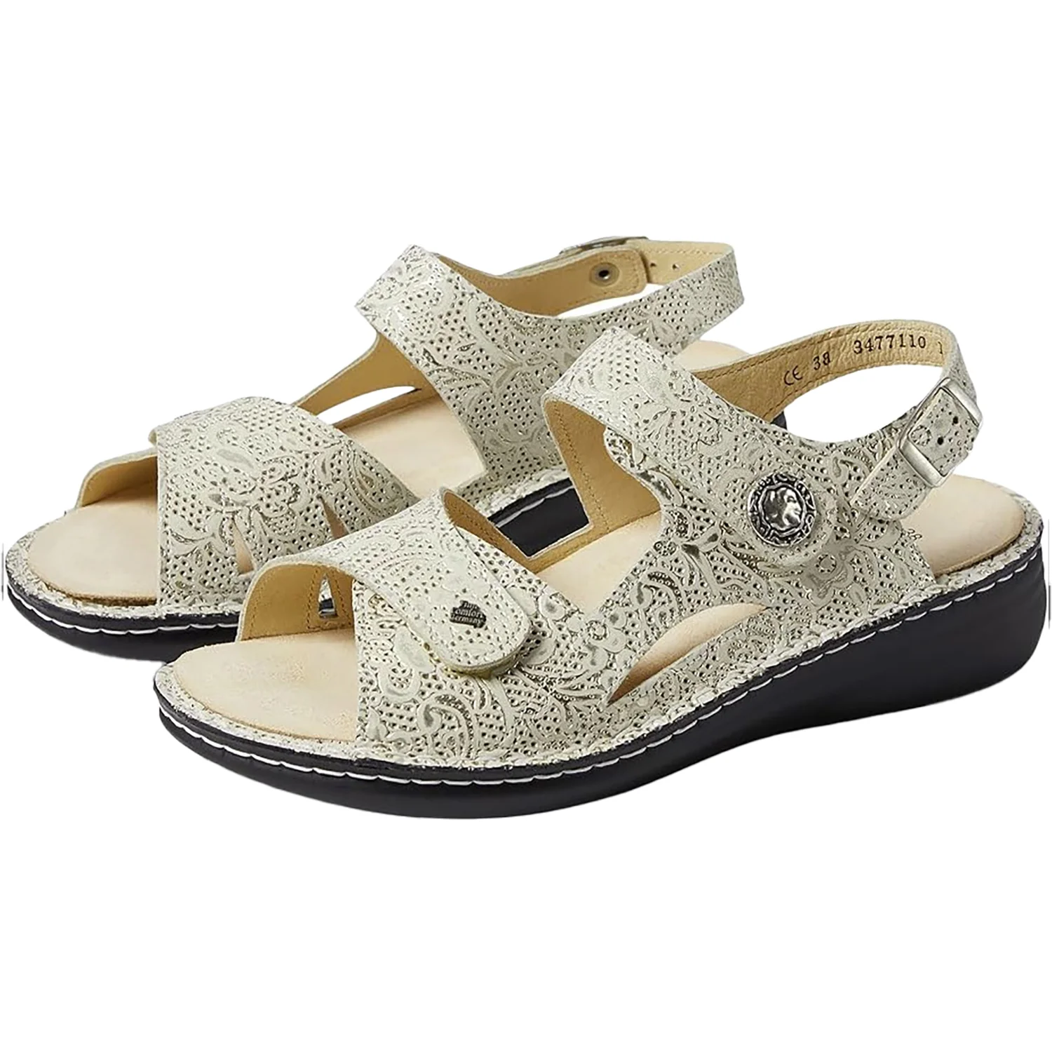 Finn Comfort Barbuda Finn Mellow Women's Sandals For Sensitive Feet Champagne Garden Leather - Image 2
