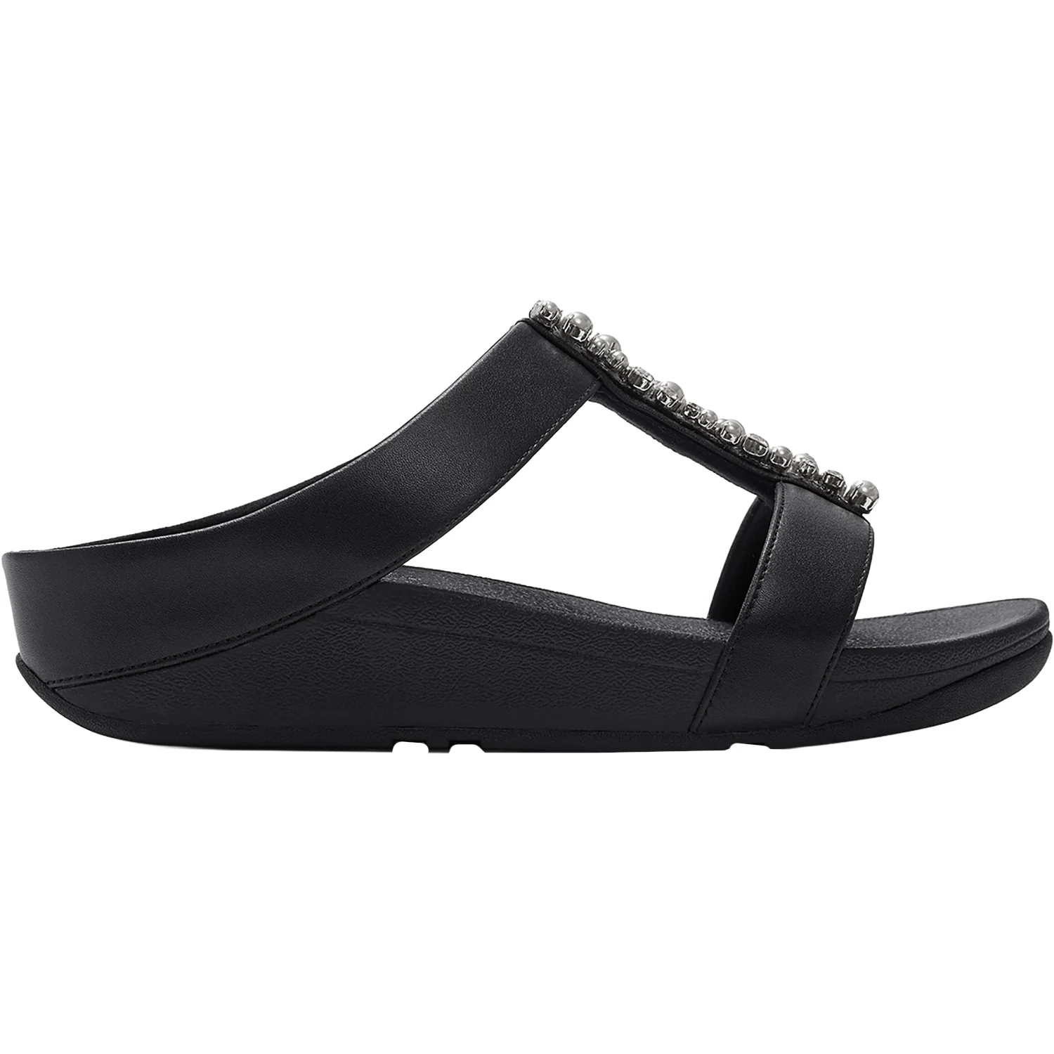 FitFlop Fino Pearls-and-Crystal H-Bar Slide Women's Slide Sandals Black