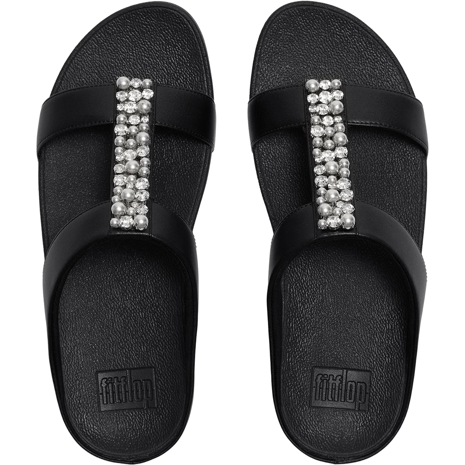 FitFlop Fino Pearls-and-Crystal H-Bar Slide Women's Slide Sandals Black - Image 2