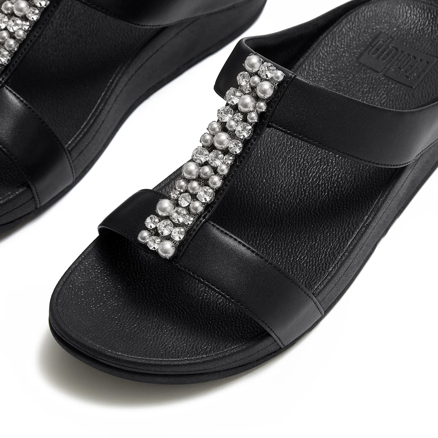 FitFlop Fino Pearls-and-Crystal H-Bar Slide Women's Slide Sandals Black - Image 5