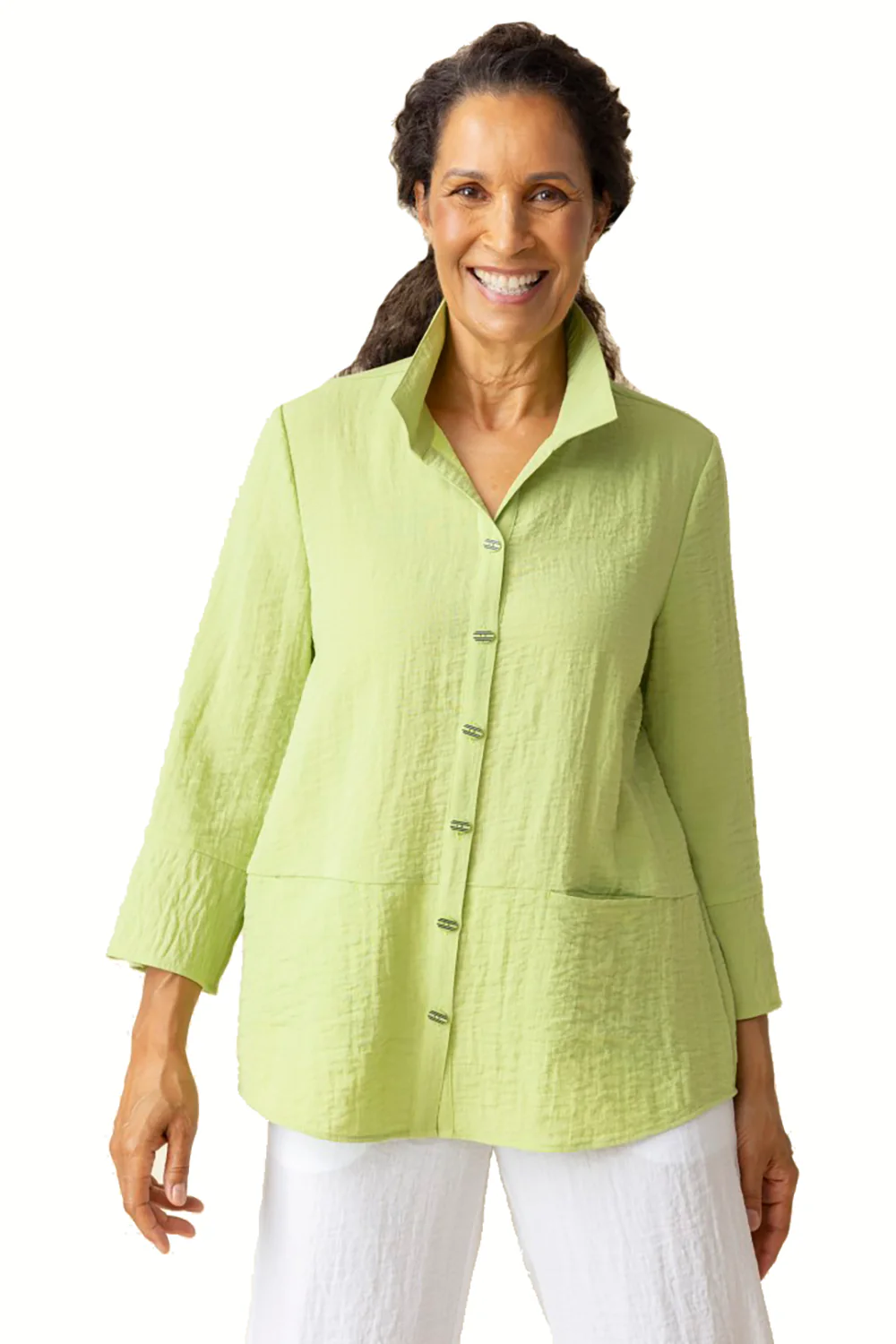 Habitat Express Solid Hidden Pocket Swing Shirt Women's Long Sleeve Top Leaf - Image 2