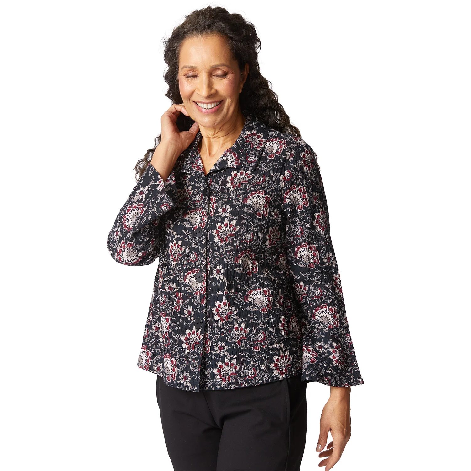 Habitat Floral Block Print Flounce Jacket Women's Tops Long Sleeve Black - Image 2