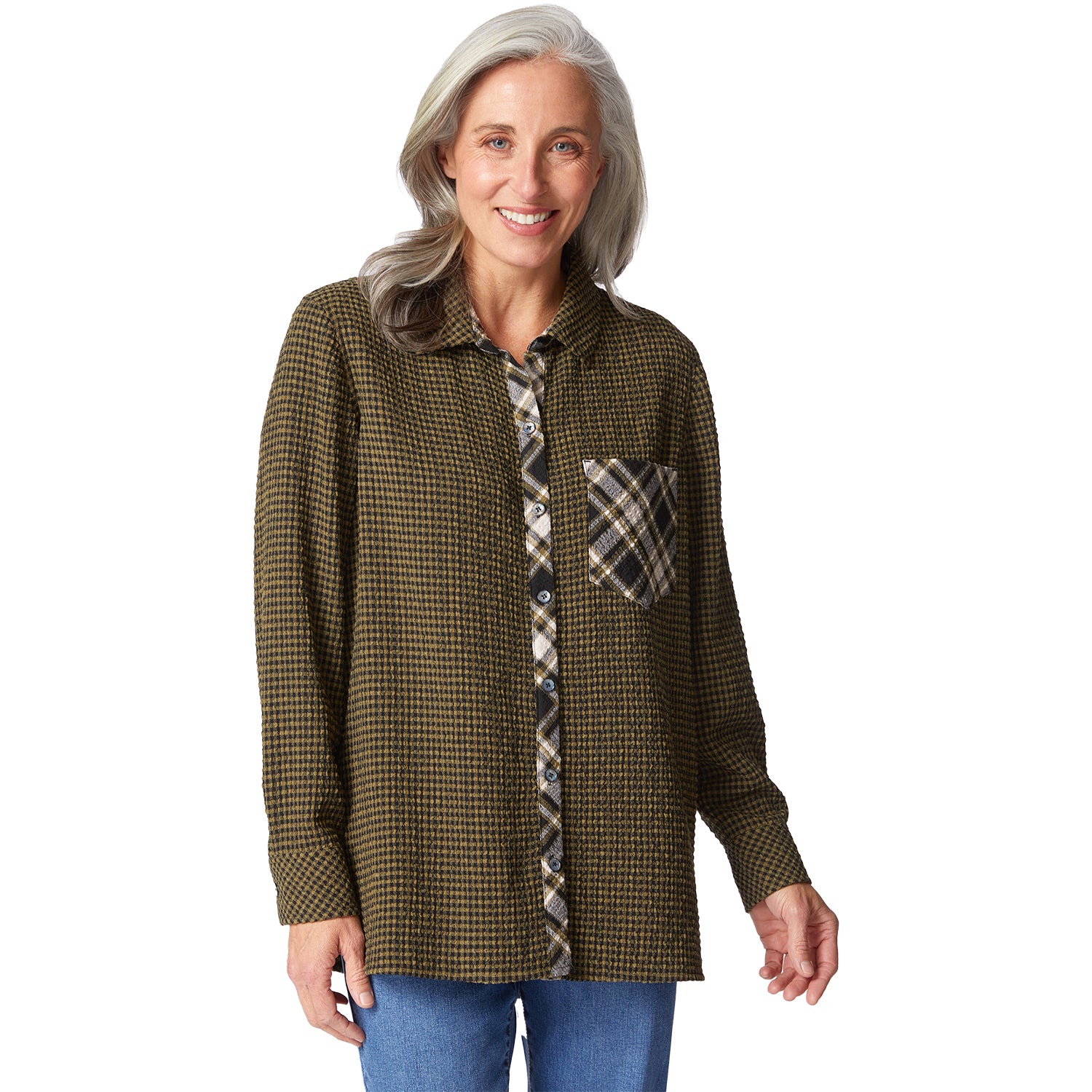 Habitat Girl Gone Plaid Boyfriend Pocket Shirt Women's Long-Sleeve Top Avocado