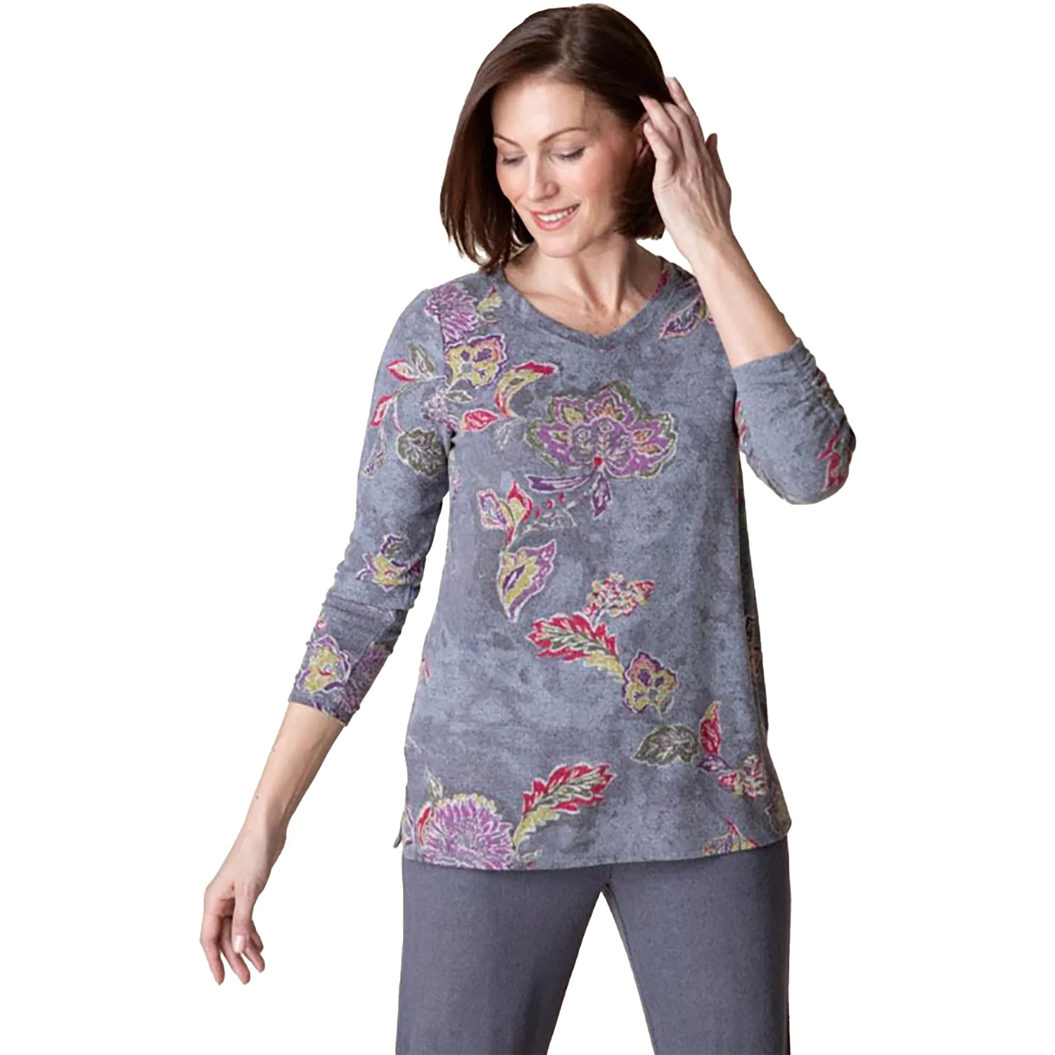 Habitat Ruched V Neck Women's Long Sleeve Top Iron Vintage Floral