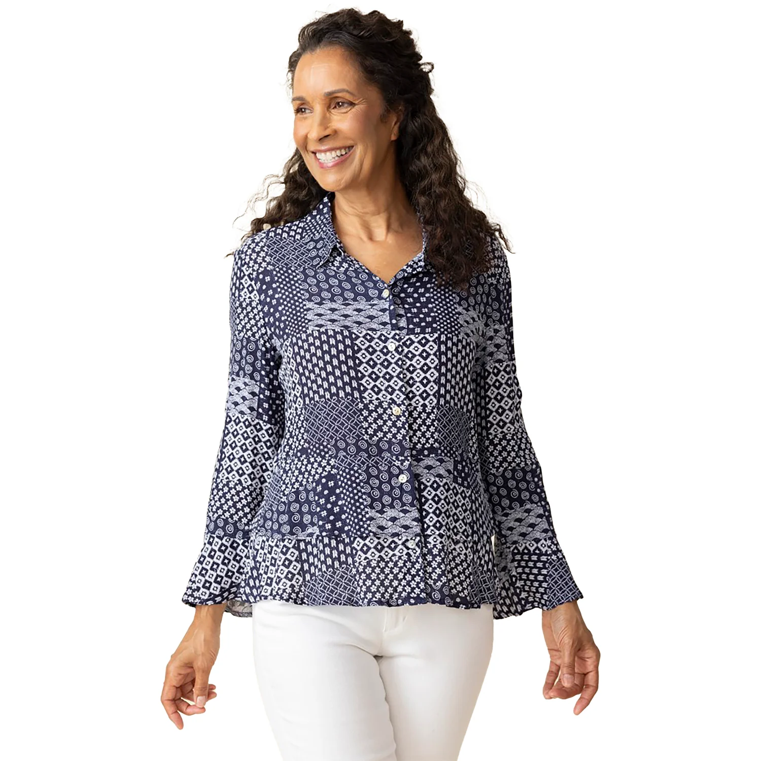 Habitat Viscose Rayon Medley Double Flounce Shirt Women's Long Sleeve Top Indigo
