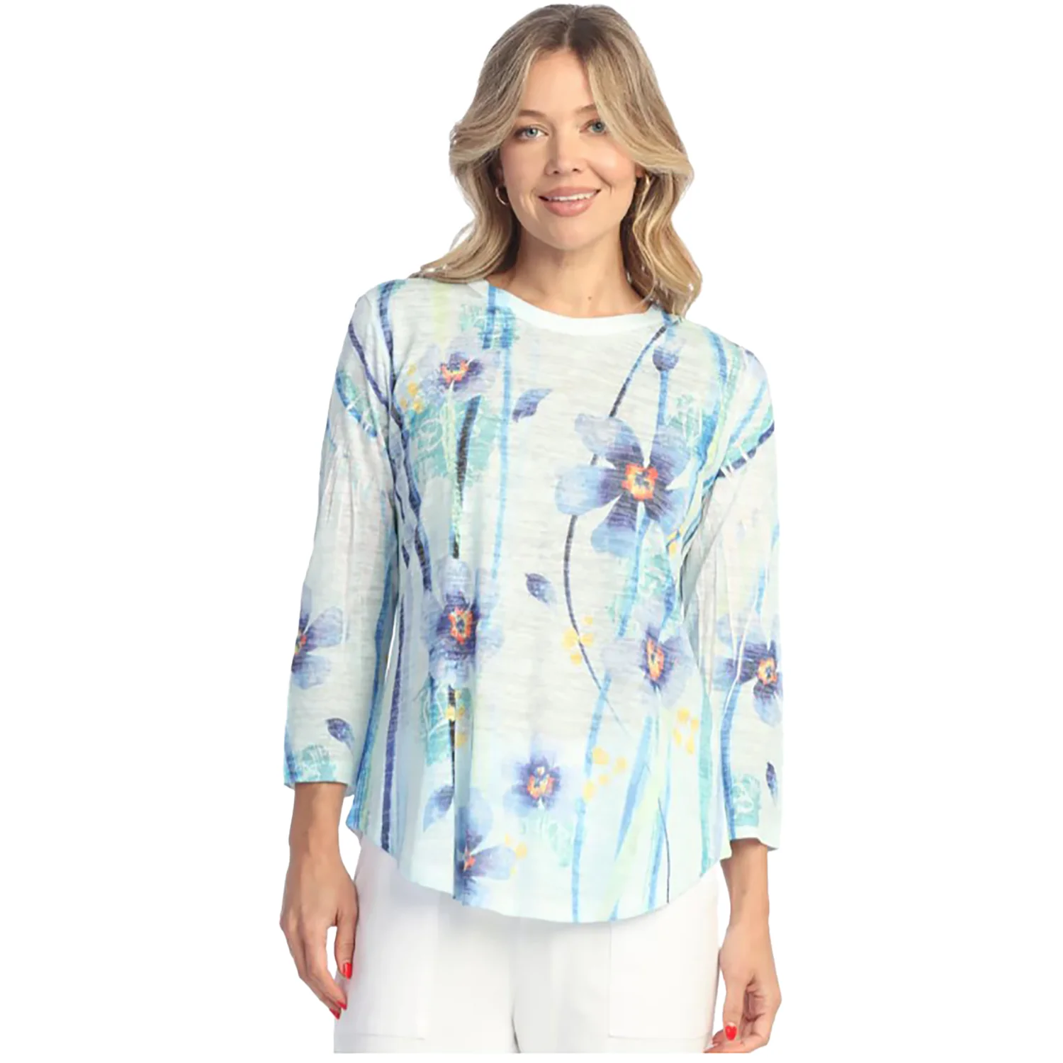 Jess & Jane Burnout 3/4 Sleeve Crew Women's Top Blue Belle