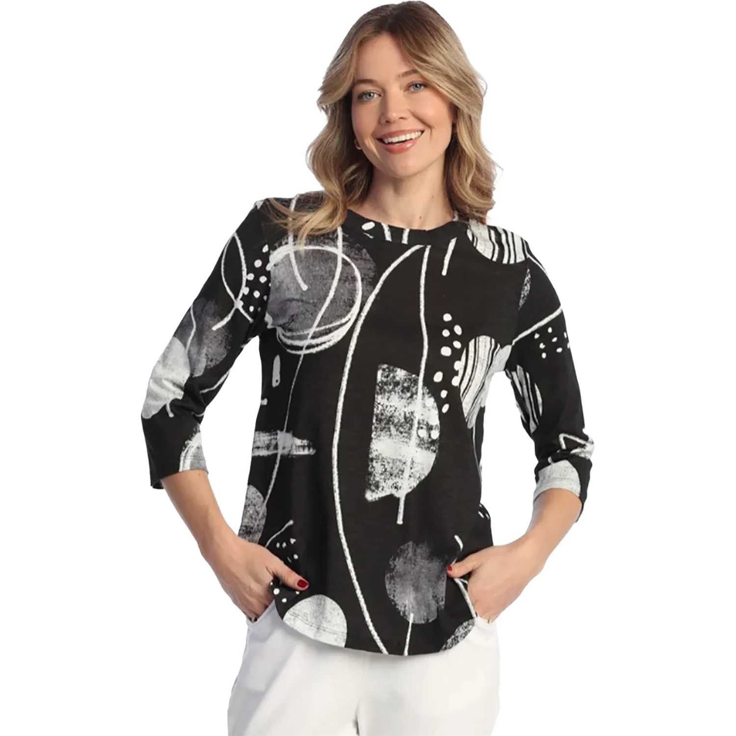 Jess & Jane Cotton Modal 3/4 Sleeve Crew Women's Long Sleeve Top Canvas Black