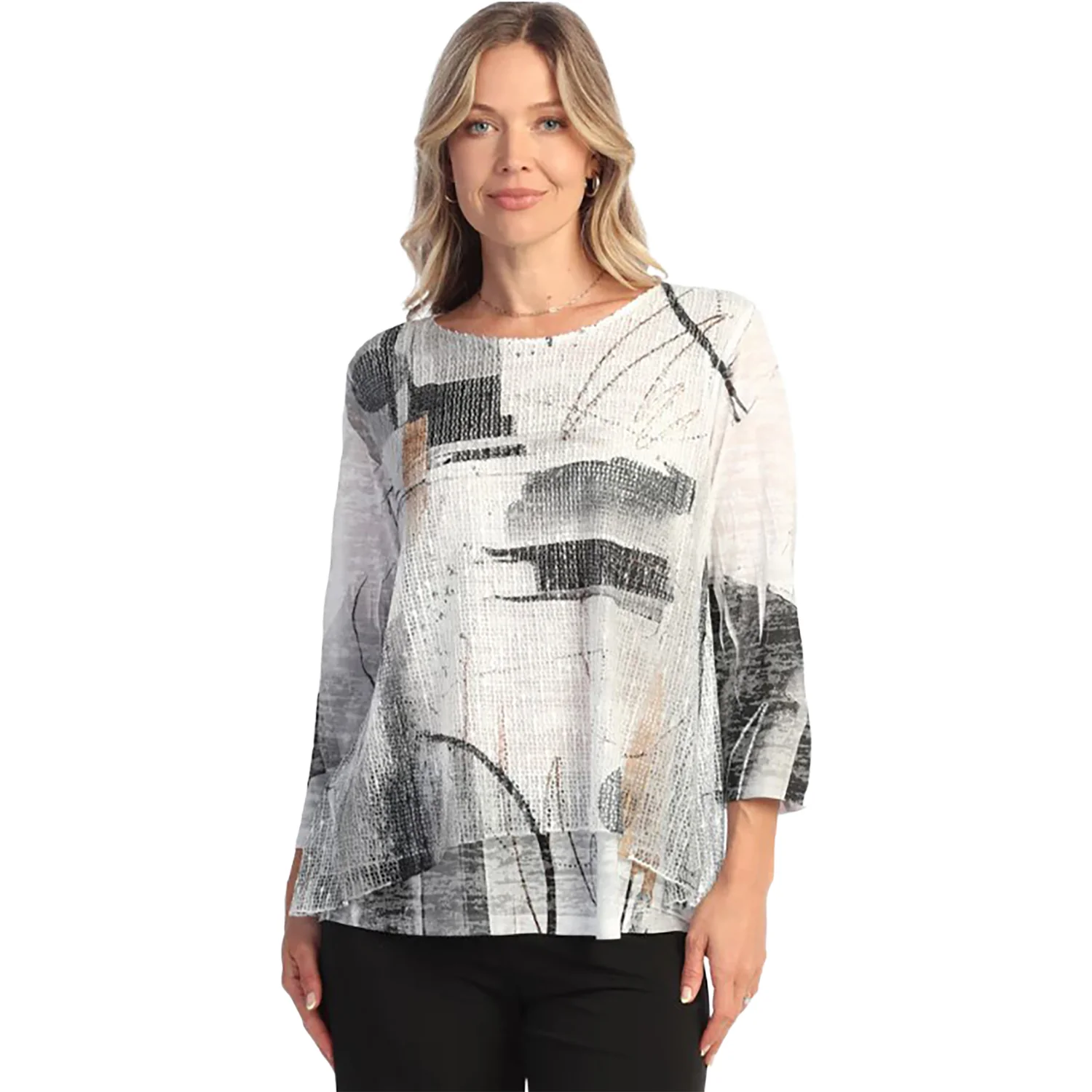 Jess & Jane Layered Boucle Mesh Tunic Women's Long-Sleeve Top Tango