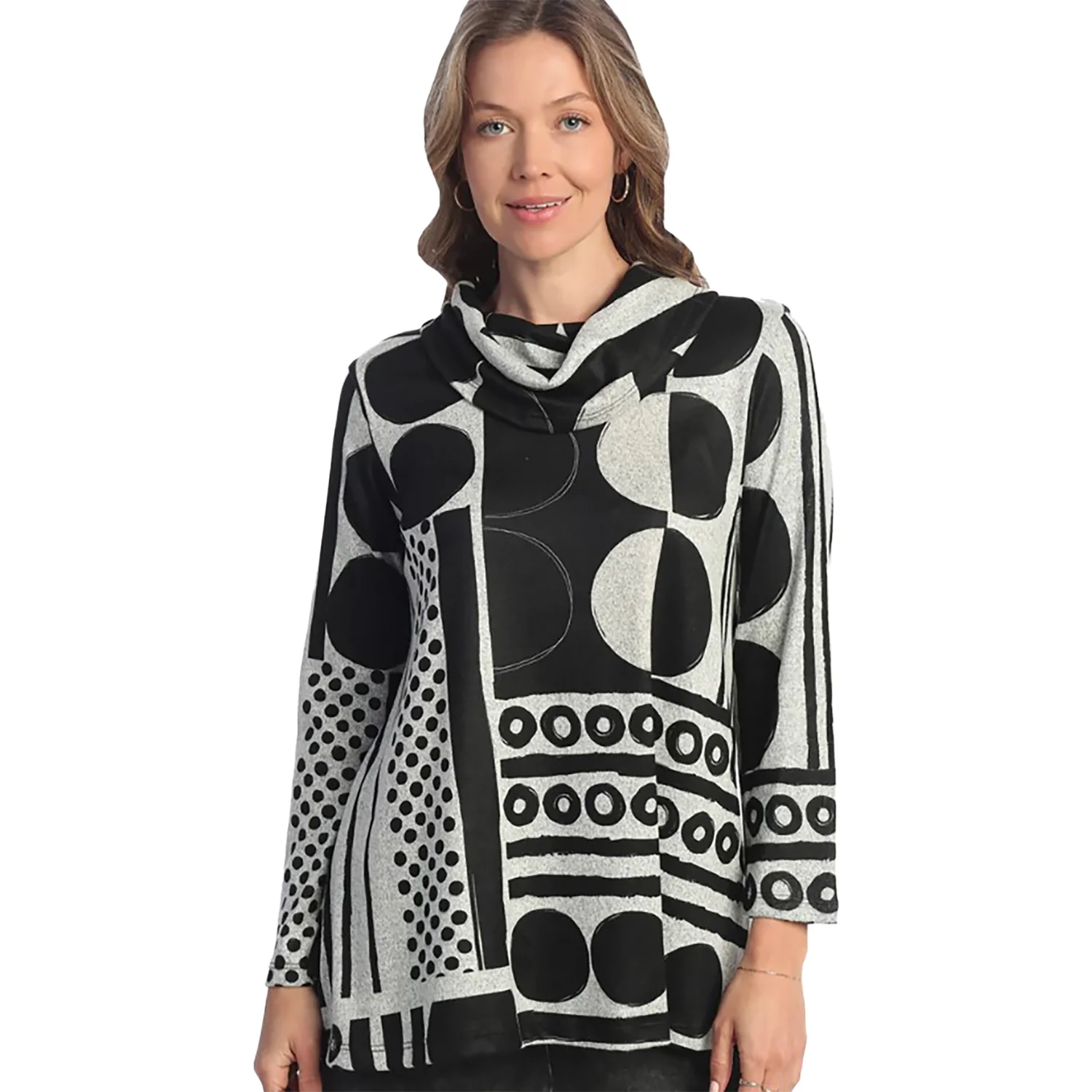 Jess & Jane Long Sleeve Cowl Neck Bebop Women's Tops Long Sleeve Black/White