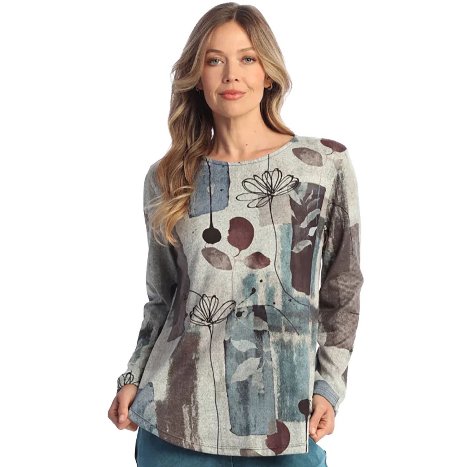 Jess & Jane Long-Sleeve Crew Neck Women's Tops Long Sleeve Grey Multi/Orelia Blue