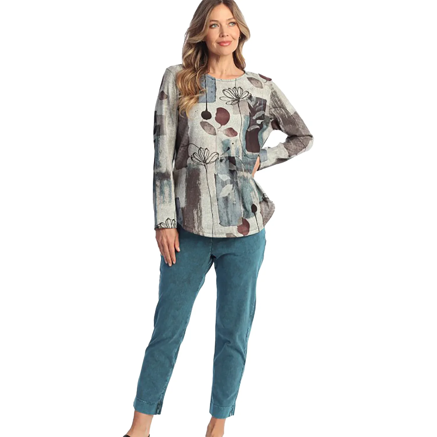Jess & Jane Long-Sleeve Crew Neck Women's Tops Long Sleeve Grey Multi/Orelia Blue - Image 2