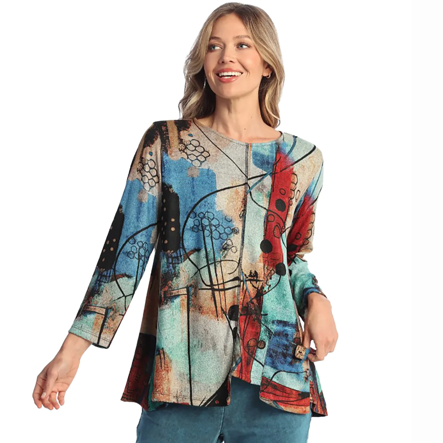 Jess & Jane Long Sleeve Pocket Tunic Women's Tops Long Sleeve Vogue Red Multi