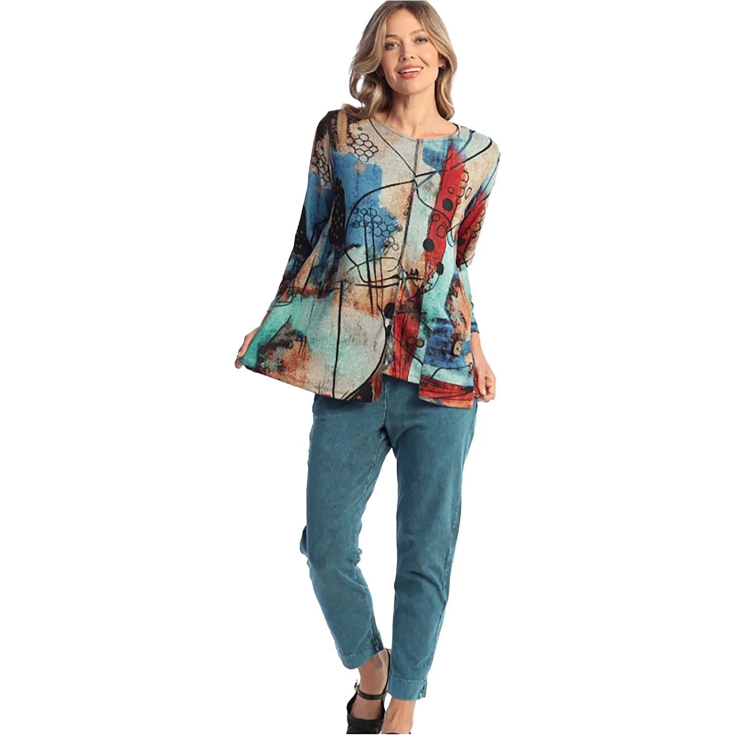 Jess & Jane Long Sleeve Pocket Tunic Women's Tops Long Sleeve Vogue Red Multi - Image 2
