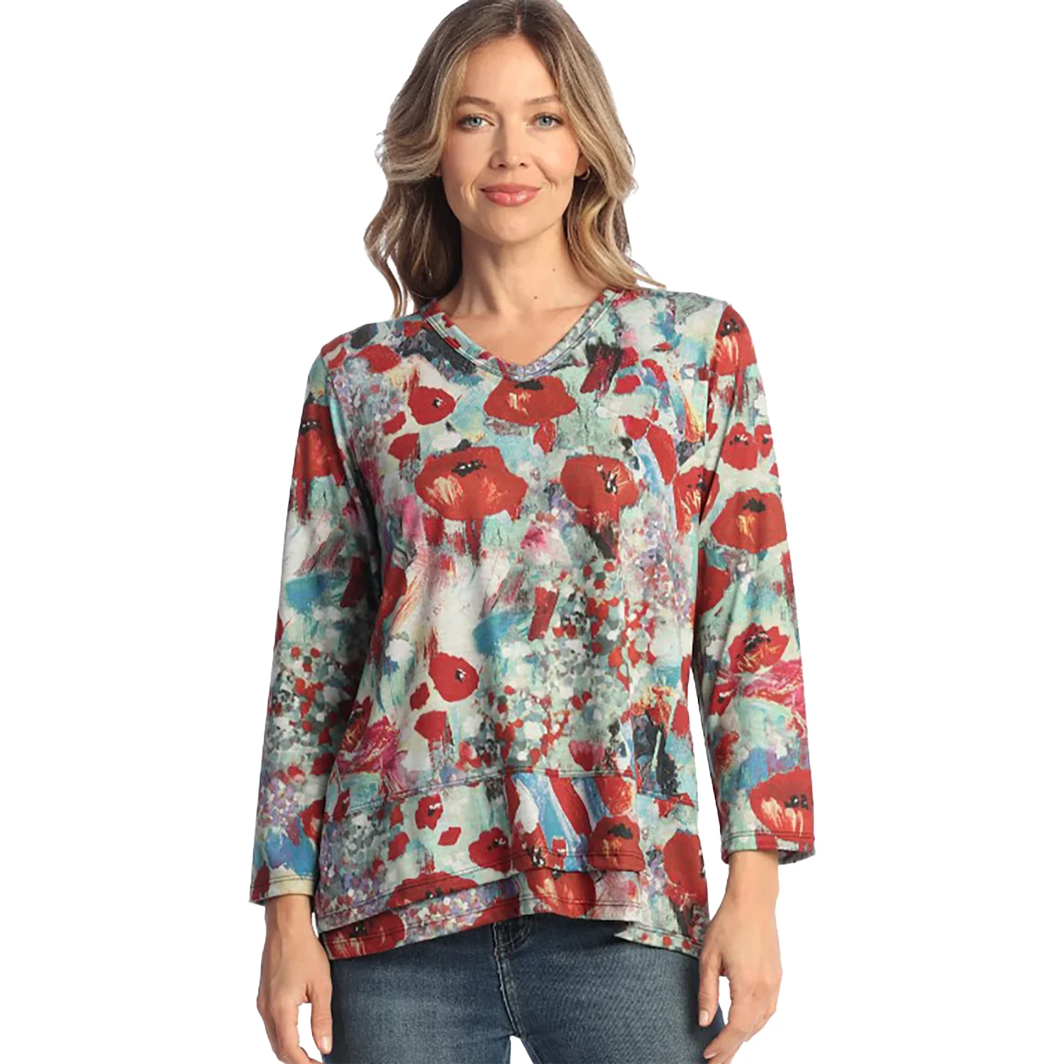 Jess & Jane Long Sleeve V-Neck Women's Tops Long Sleeve Prima Red Multi