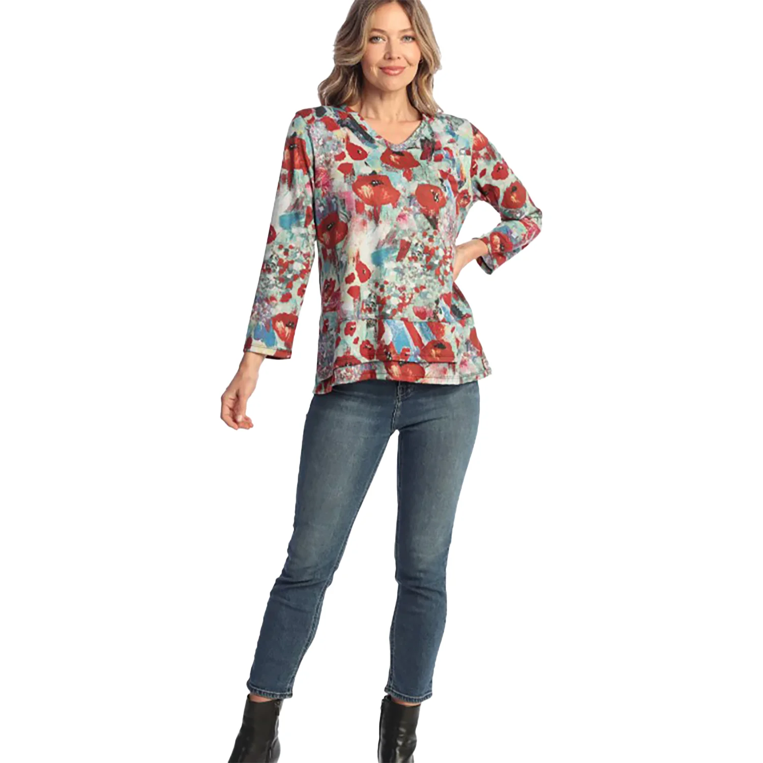 Jess & Jane Long Sleeve V-Neck Women's Tops Long Sleeve Prima Red Multi - Image 2