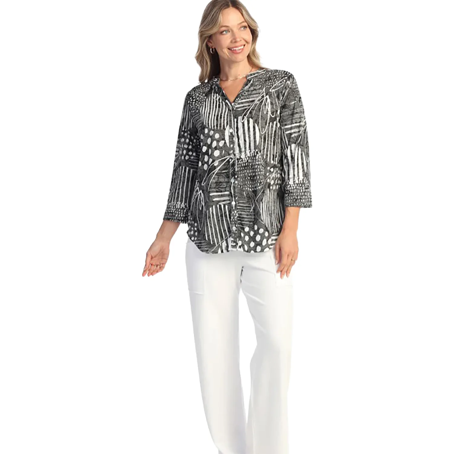 Jess & Jane Mandarin Collar Button Down Shirt Women's Long Sleeve Top Zippy - Image 2