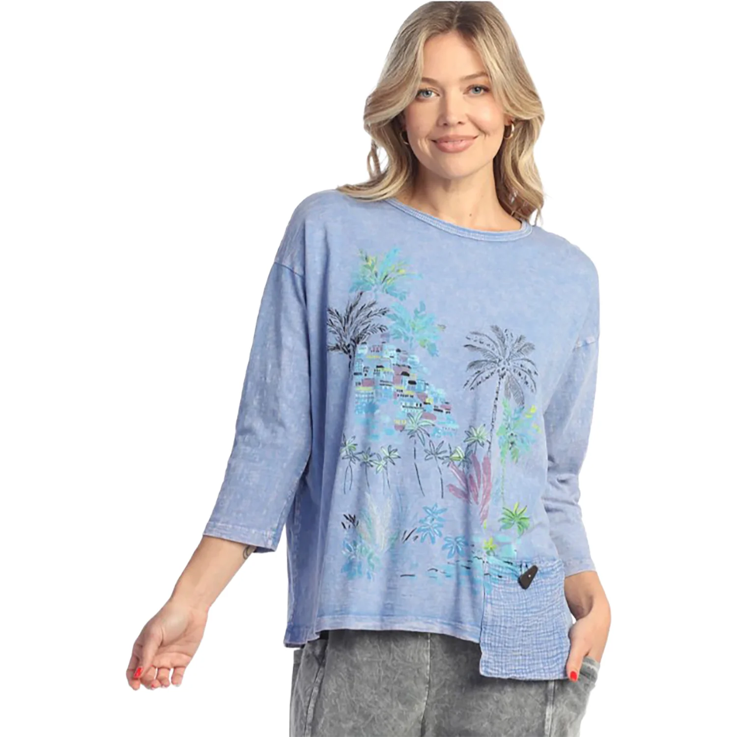 Jess & Jane Mineral Wash 3/4 Sleeve Top with Pocket Women's Long Sleeve Top Caribe