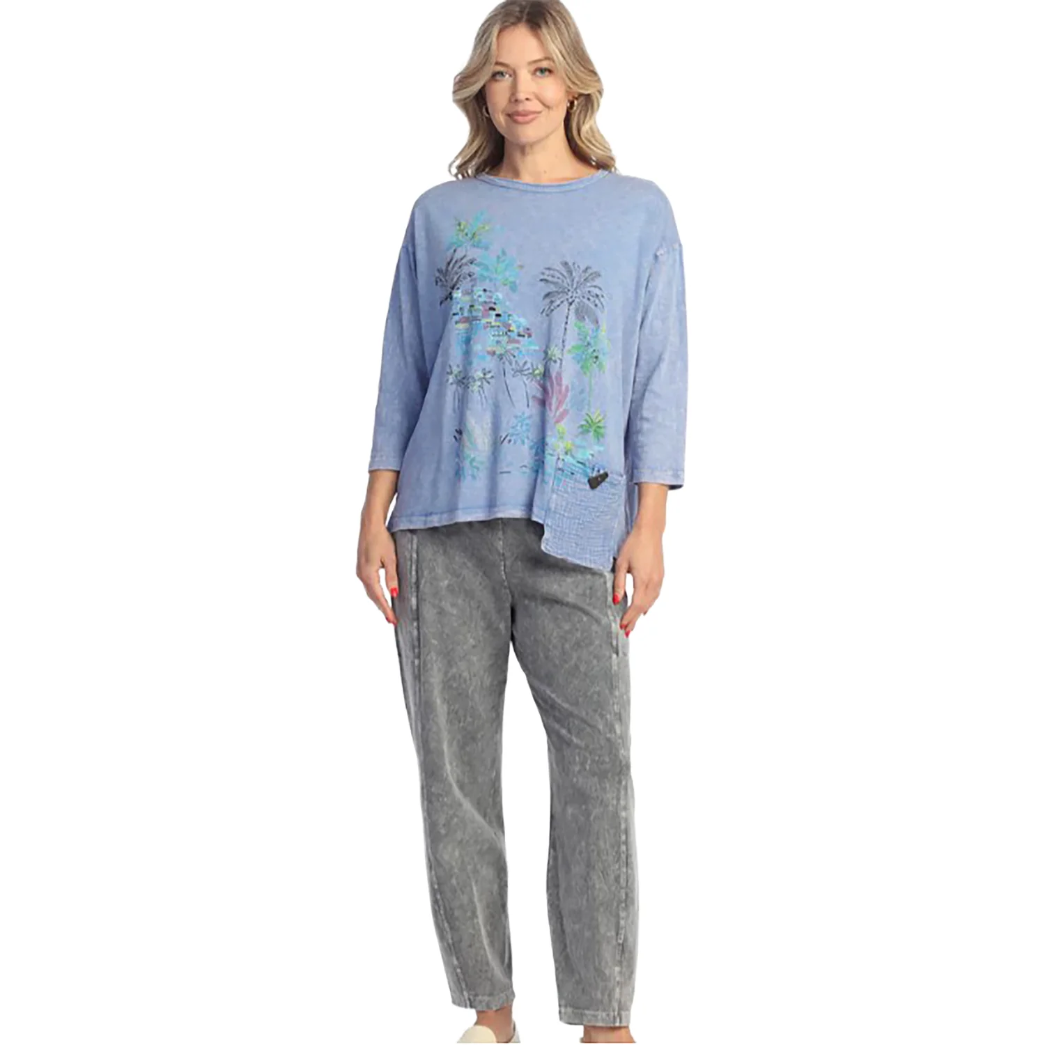 Jess & Jane Mineral Wash 3/4 Sleeve Top with Pocket Women's Long Sleeve Top Caribe - Image 2