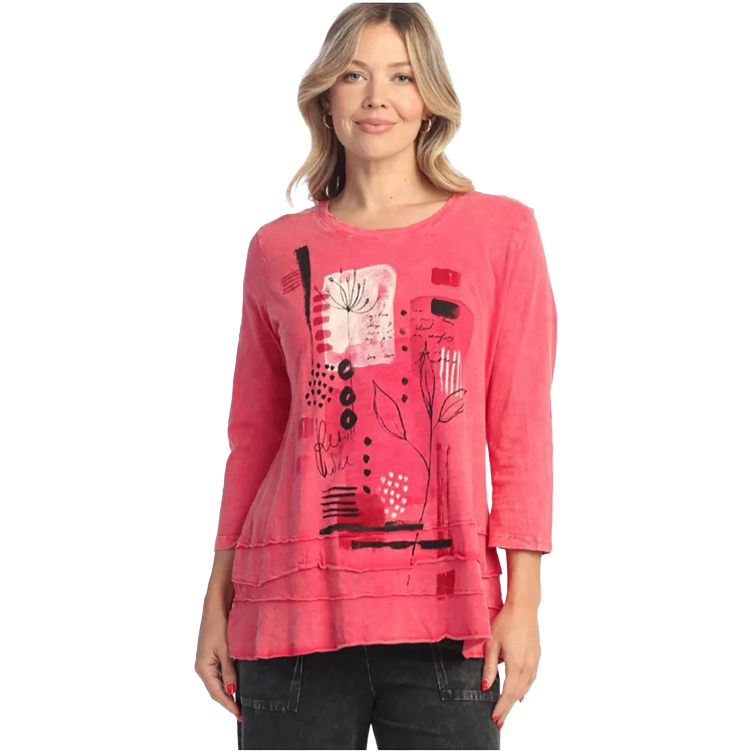 Jess & Jane Mineral Wash 3/4 Slv Women's Long Sleeve Top Raspberry Foliage