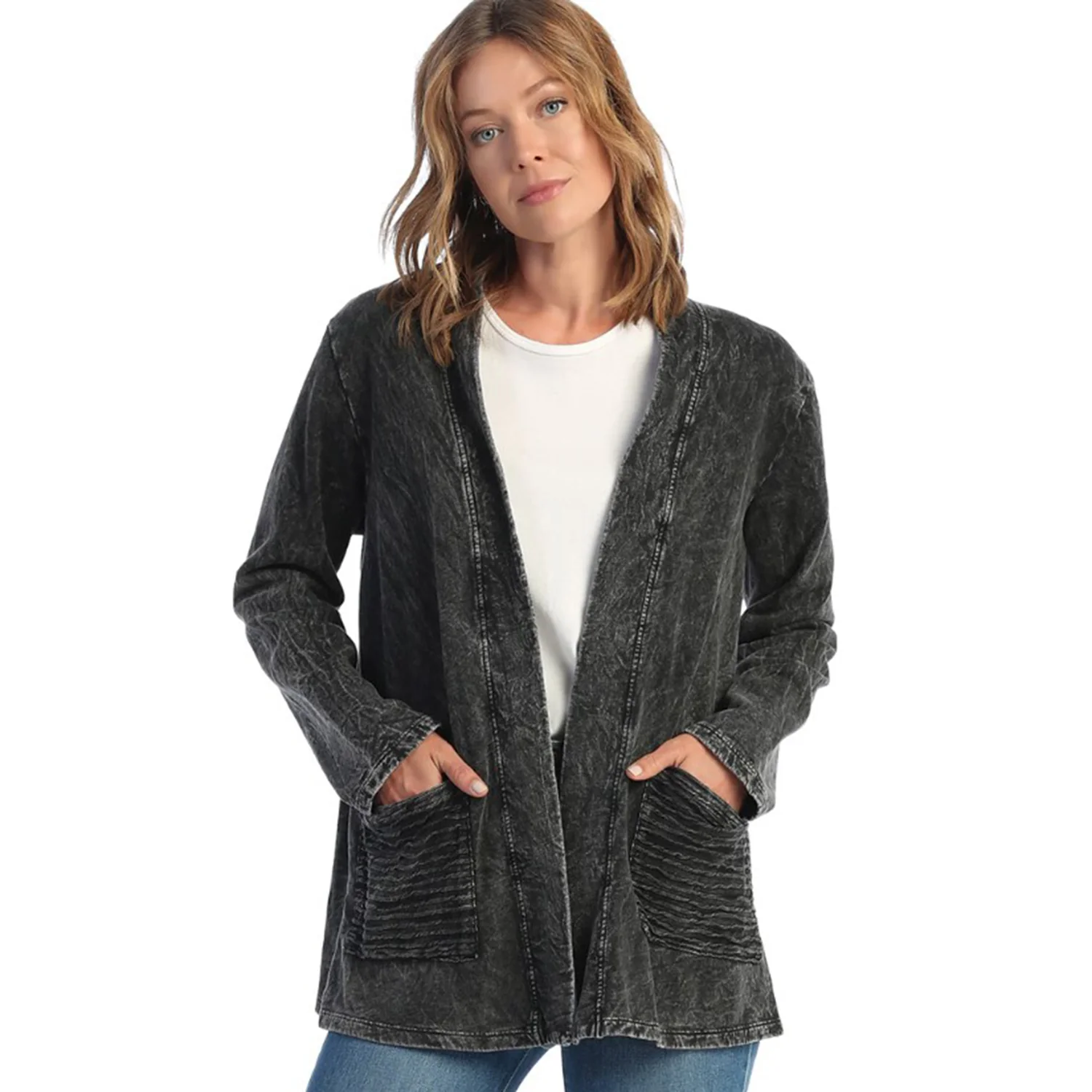 Jess & Jane Mineral Wash Fleece Cardigan Women's Outerwear Black