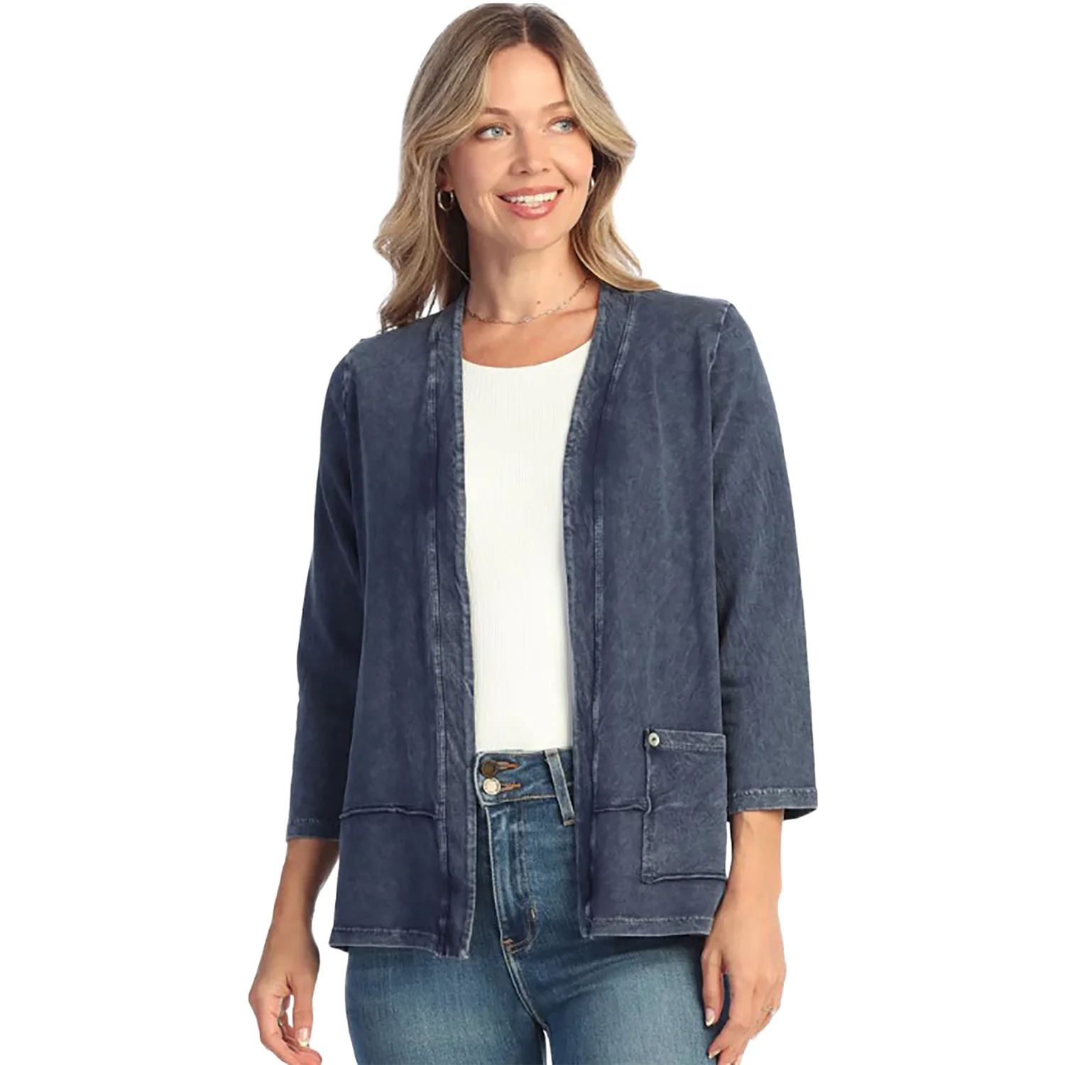 Jess & Jane Mineral Wash Layered Hem with Pocket Cardigan Women's Outerwear Denim