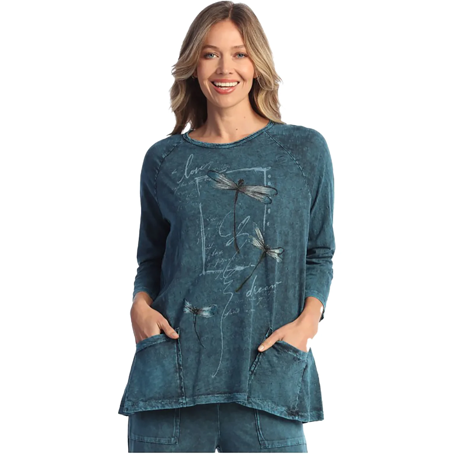 Jess & Jane Mineral Wash Long-Sleeve Pocket Tunic Women's Tops Long Sleeve Flutter Sapphire